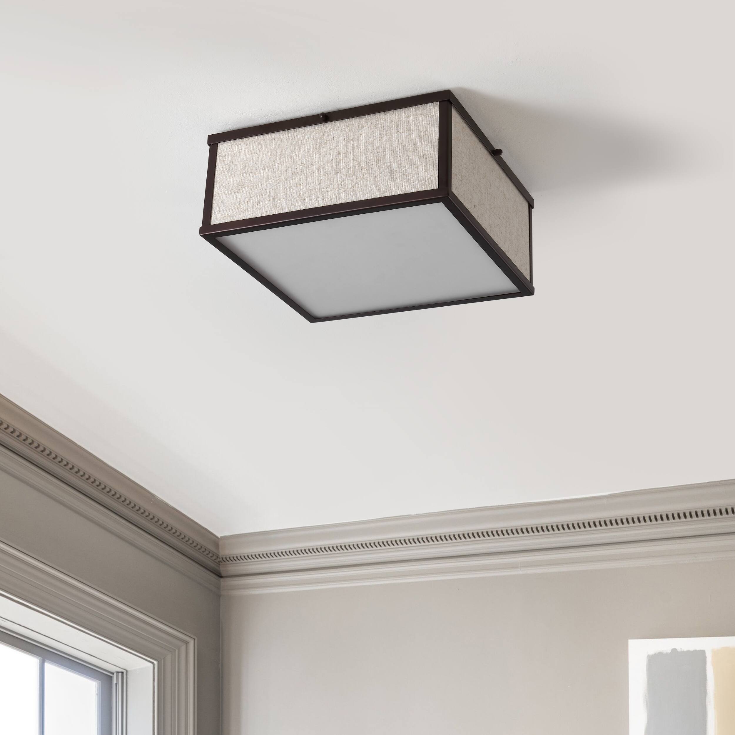 Alt View 5. Jonathan Y - Grant 14.13" 2-Light Minimalist Industrial Square Linen Iron LED Flush Mount, Oil Rubbed Bronze/Beige - Oil Rubbed Bronze.