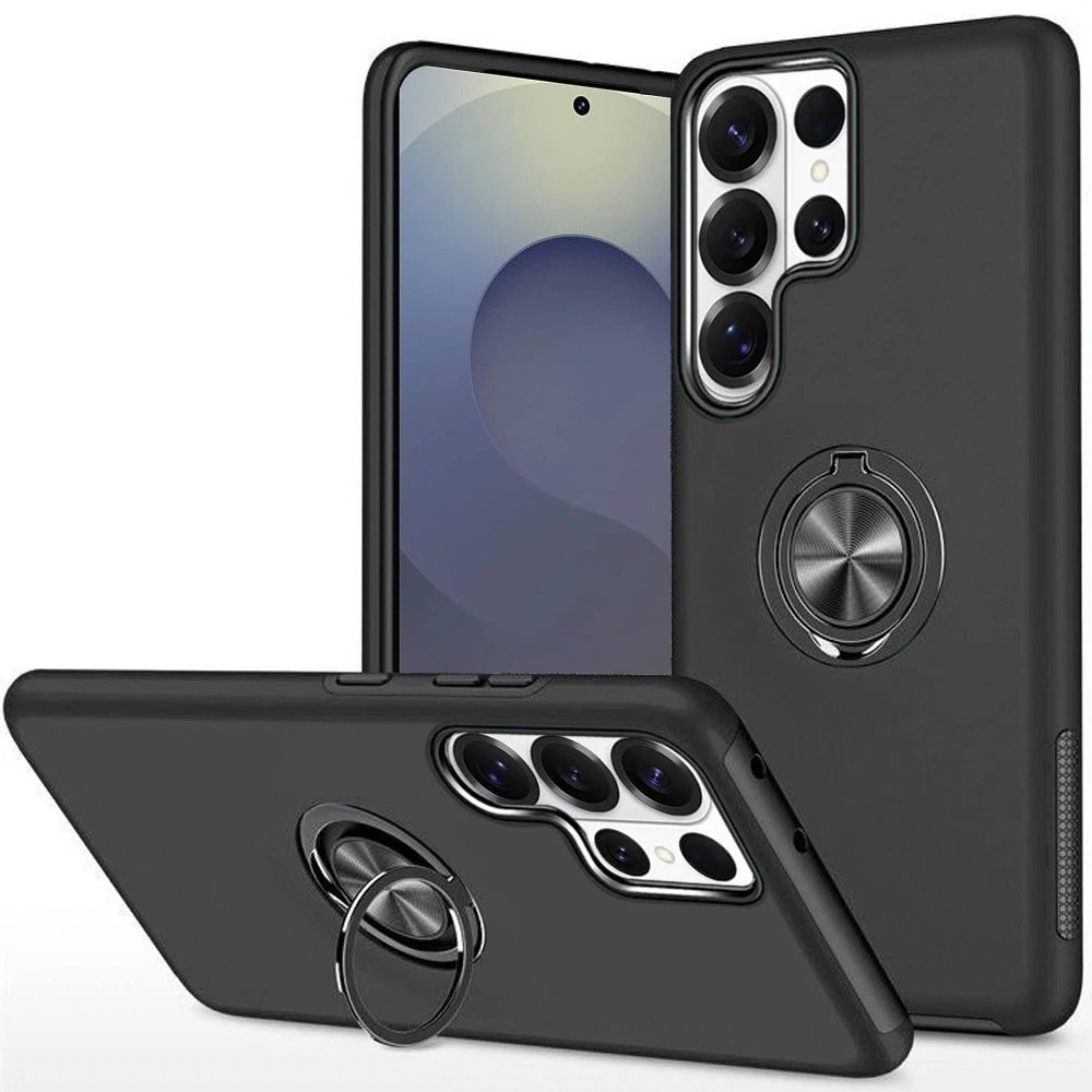 Front. Kitcheniva - Dual Layer Ring Stand Shockproof Phone Case With Tempered Glass For Samsung S26 Ultra Black - Black.