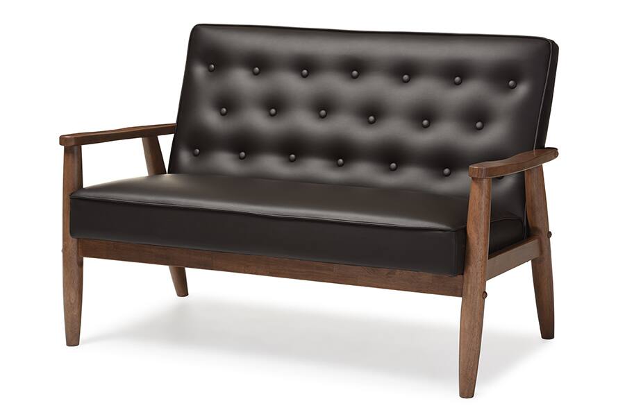Front. Baxton Studio - Sorrento Mid-century Retro Modern Faux Leather Upholstered Wooden 2-seater Loveseat - Dark Brown.