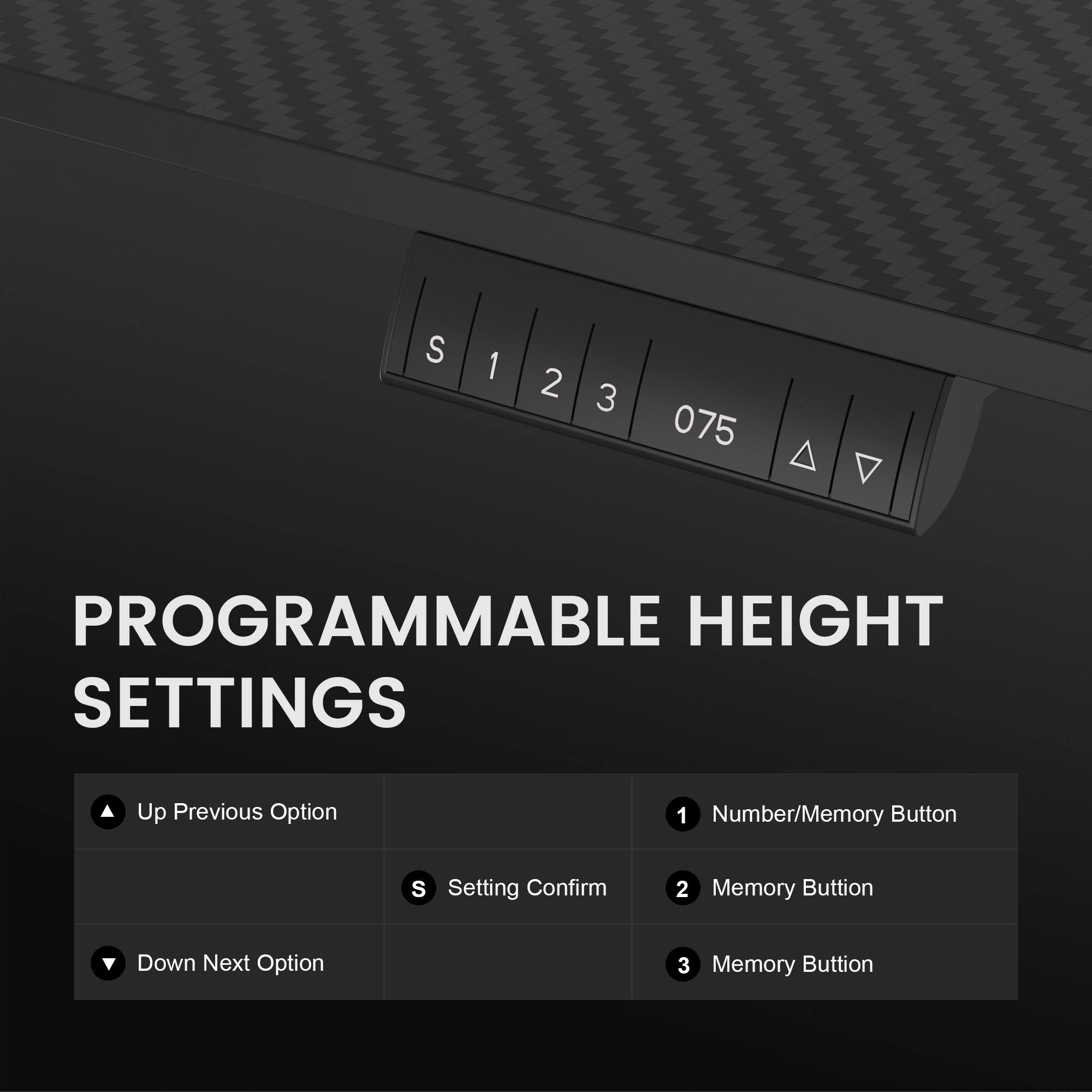 PROGRAMMABLE HEIGHT SETTINGS

- Up Previous Option
- Down Next Option
- S Setting Confirm

1. Number/Memory Button
2. Memory Button
3. Memory Button
