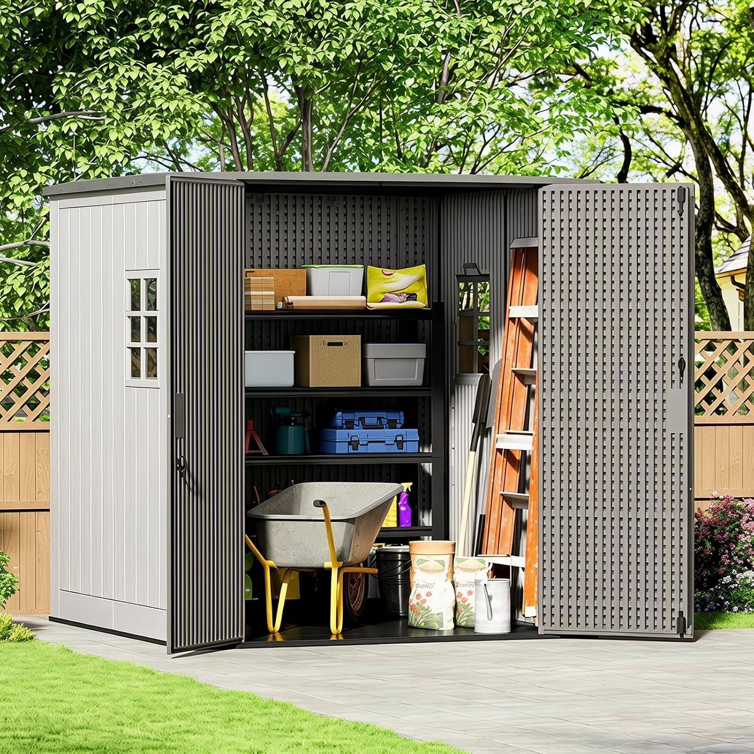 Back. Yardgrace - Outdoor Resin Storage Shed, Weatherproof Durable Tool Shed, Lockable with Floor and Window - 6x6 ft.37 sq.