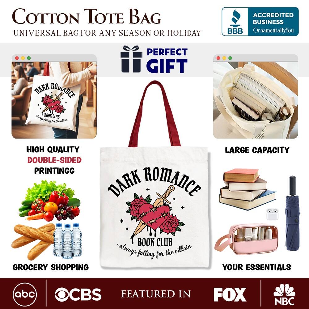 COTTON TOTE BAG  
UNIVERSAL BAG FOR ANY SEASON OR HOLIDAY  

ACCREDITED BUSINESS  
BBB  
OrnamentallyYou  

PERFECT GIFT  

HIGH QUALITY  
DOUBLE-SIDED PRINTING  

LARGE CAPACITY  

GROCERY SHOPPING  

YOUR ESSENTIALS  

FEATURED IN  
abc  
CBS  
FOX  
NBC