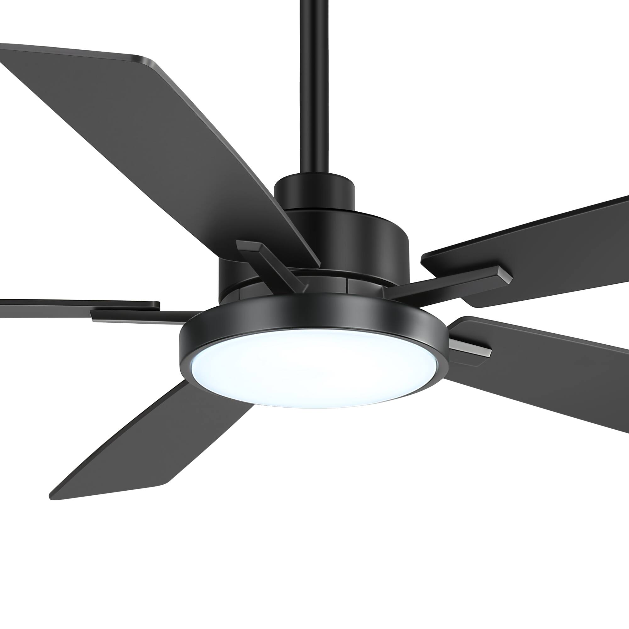 Left. Breezary - 52-in Large Indoor Ceiling Fan with 6-Speed DC Motor, LED Light, Remote & 5/10'' Downrods, 5 Reversible Blades - Black and Charcoal Wood-Grain.