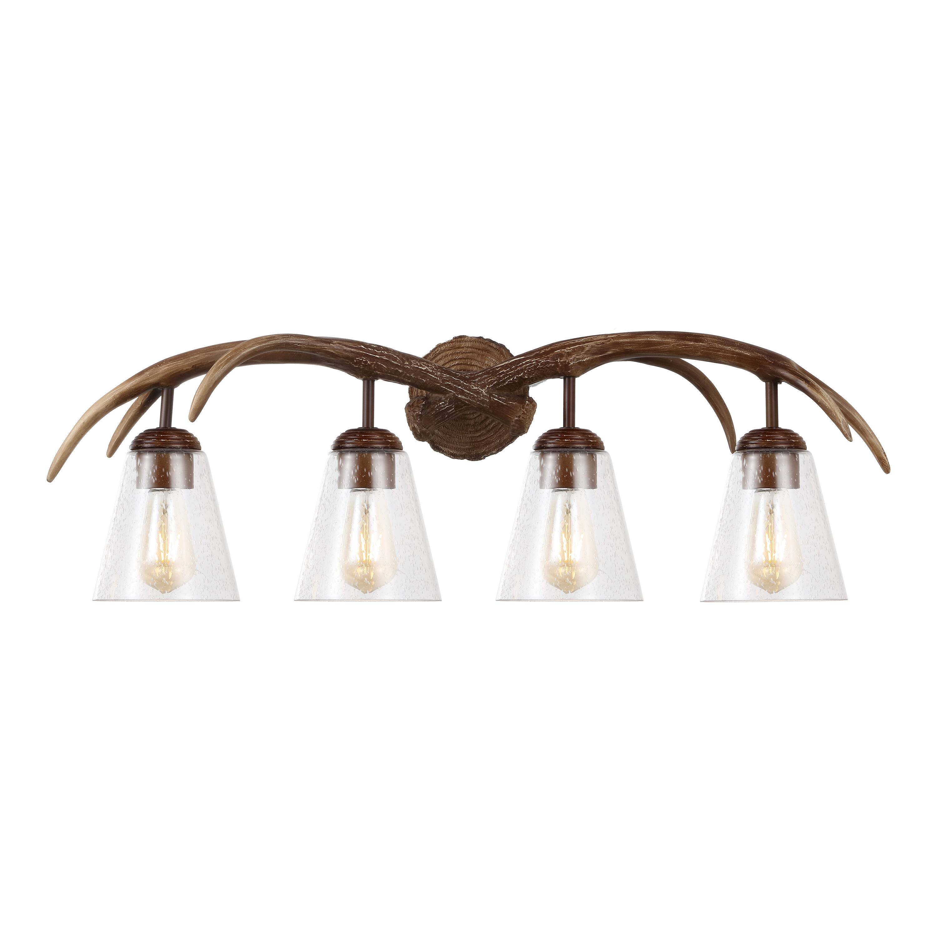 Front. Jonathan Y - Wyatt 32.5" 4-Light Southwestern Bohemian Resin/Seeded Glass Faux Antler LED Vanity Light, Brown Wood Finish - Brown Wood Finish.