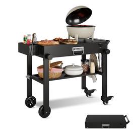 Jojoka - Heavy-Duty Outdoor Grill Cart, Foldable Stainless Steel Rolling Prep Table with Locking Wheels for RV & Catering - Black