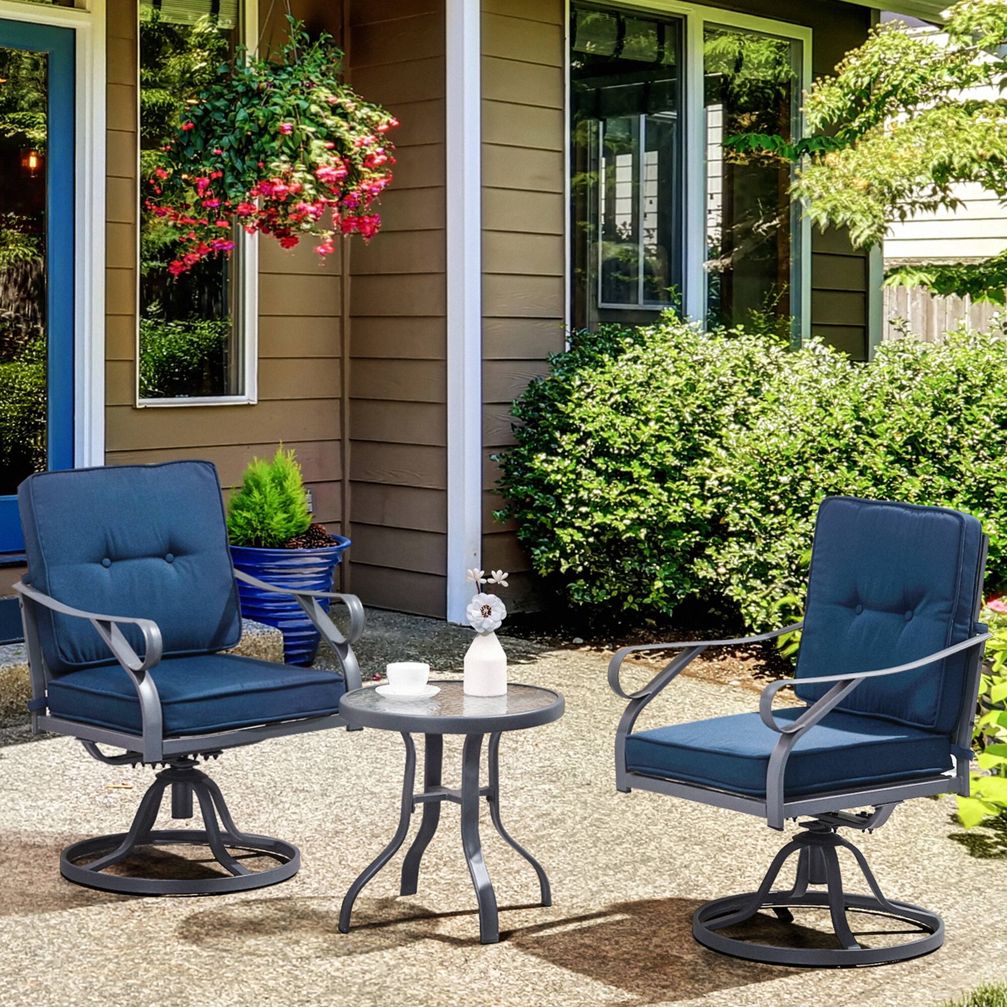 Alt View 1. Outsunny - 3 Piece Outdoor Patio Bistro Set with 2 360-Degree Swivel Rocking Chairs, Cushions, and 1 Tempered Glass Table - Blue.