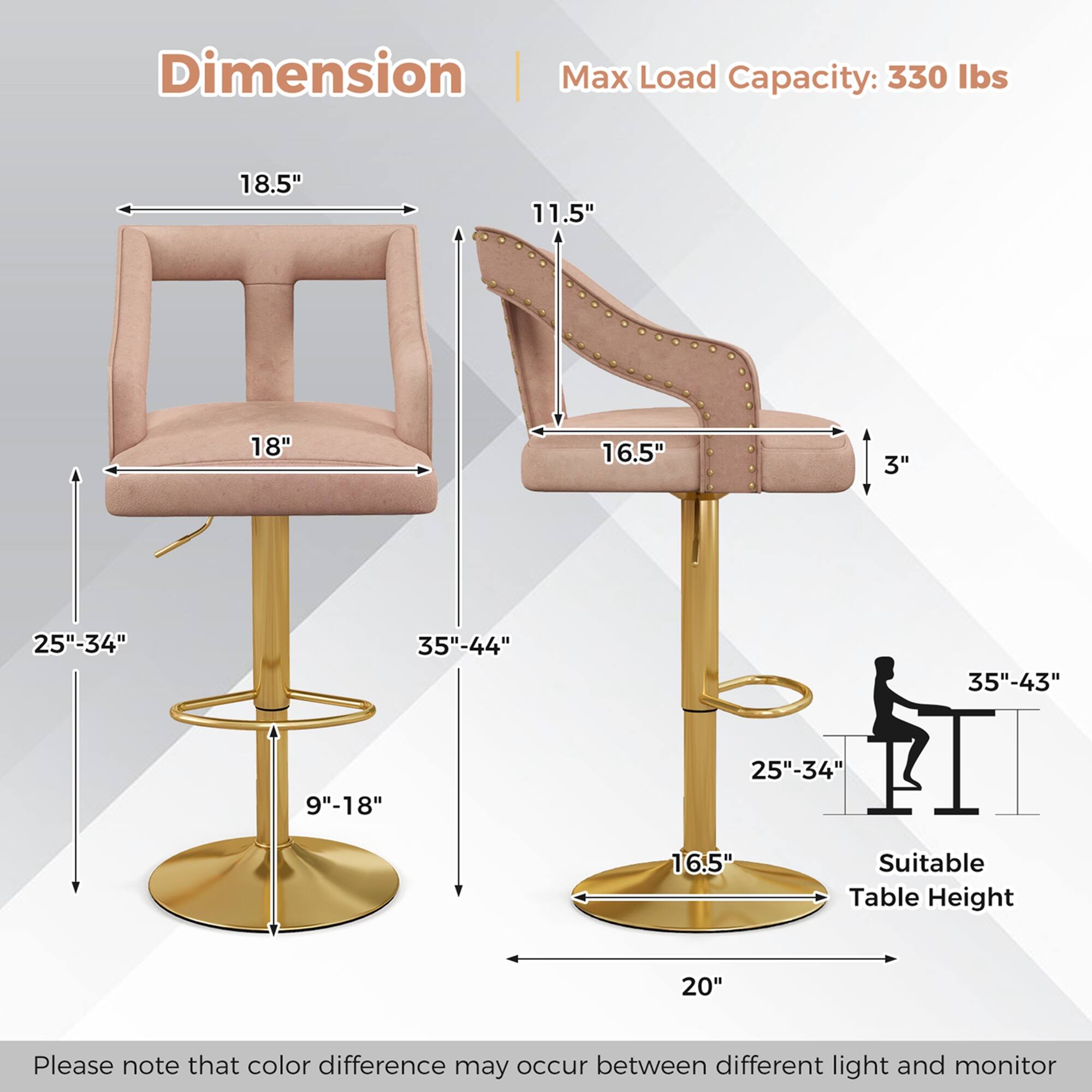 Dimension I: Max Load Capacity: 330 lbs
18.5" 11.5" 18" 16.5" 3" 25"-34" 35"-44" 35"-43" 9"-18" 25"-34" 16.5"
Suitable Table Height: 20"
Please note that color difference may occur between different light and monitor.