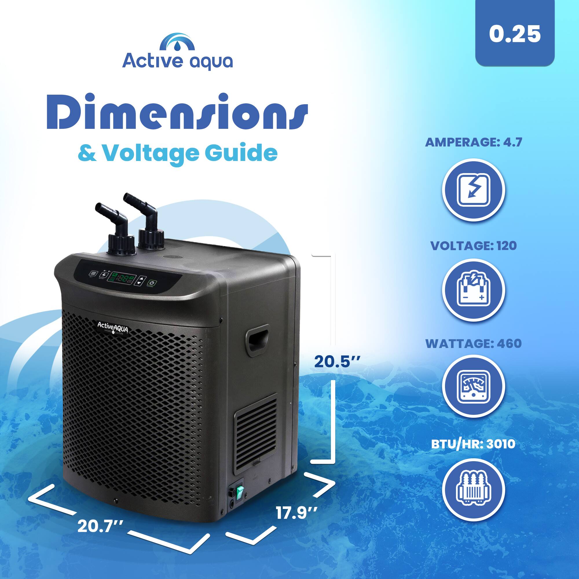 Active Aqua Dimensions & Voltage Guide

0.25

AMPERAGE: 4.7  
VOLTAGE: 120  
WATTAGE: 460  
BTU/HR: 3010  

Dimensions:  
20.5" x 20.7" x 17.9"