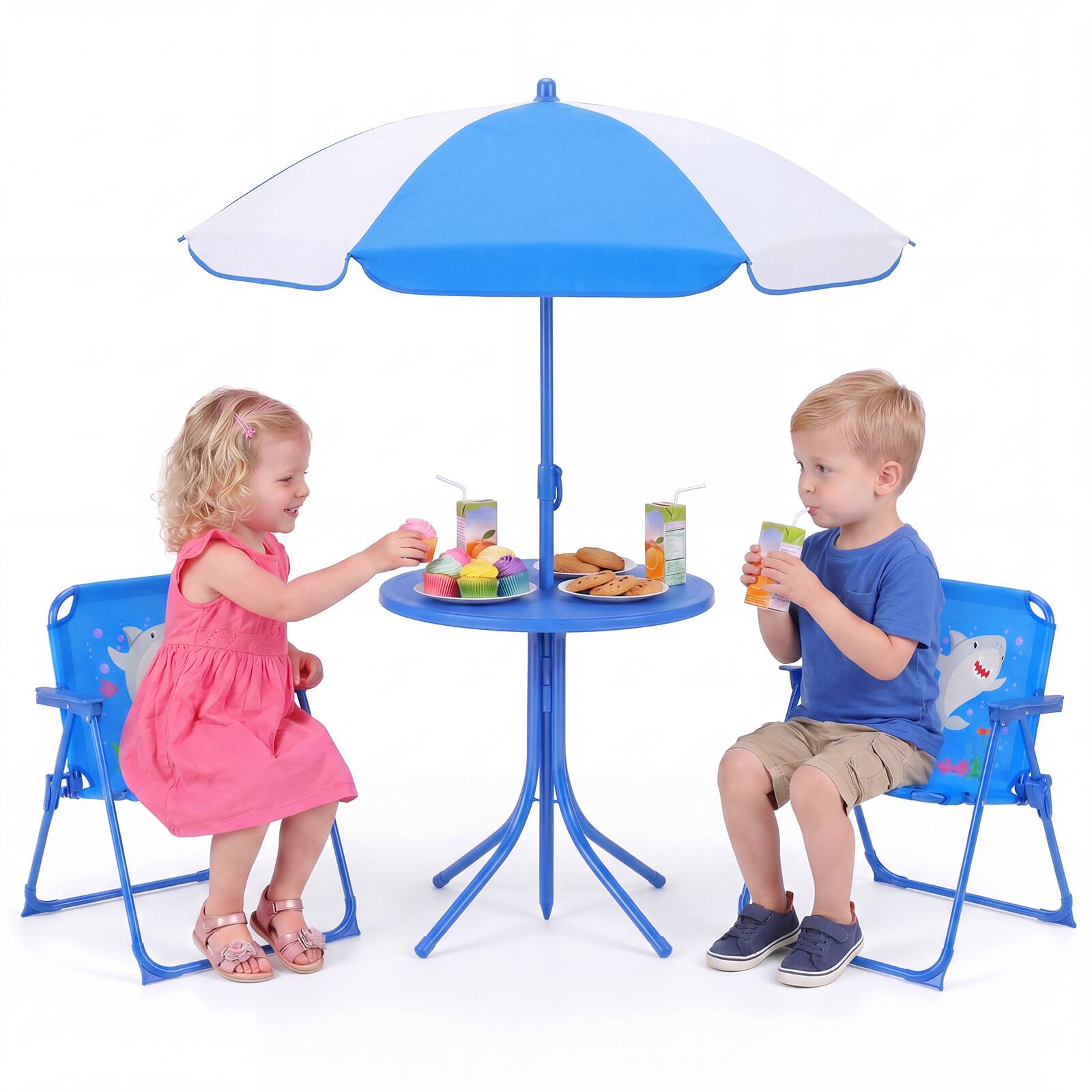 Front. Gymax - Gymax Kids Picnic Table Outdoor Table&Chair Set 2 Folding Chairs&Adjustable Umbrella Navy Blue - Blue.