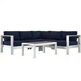 Shore 4 Piece Outdoor Patio Aluminum Sectional Sofa Set by Modway - Silver Navy