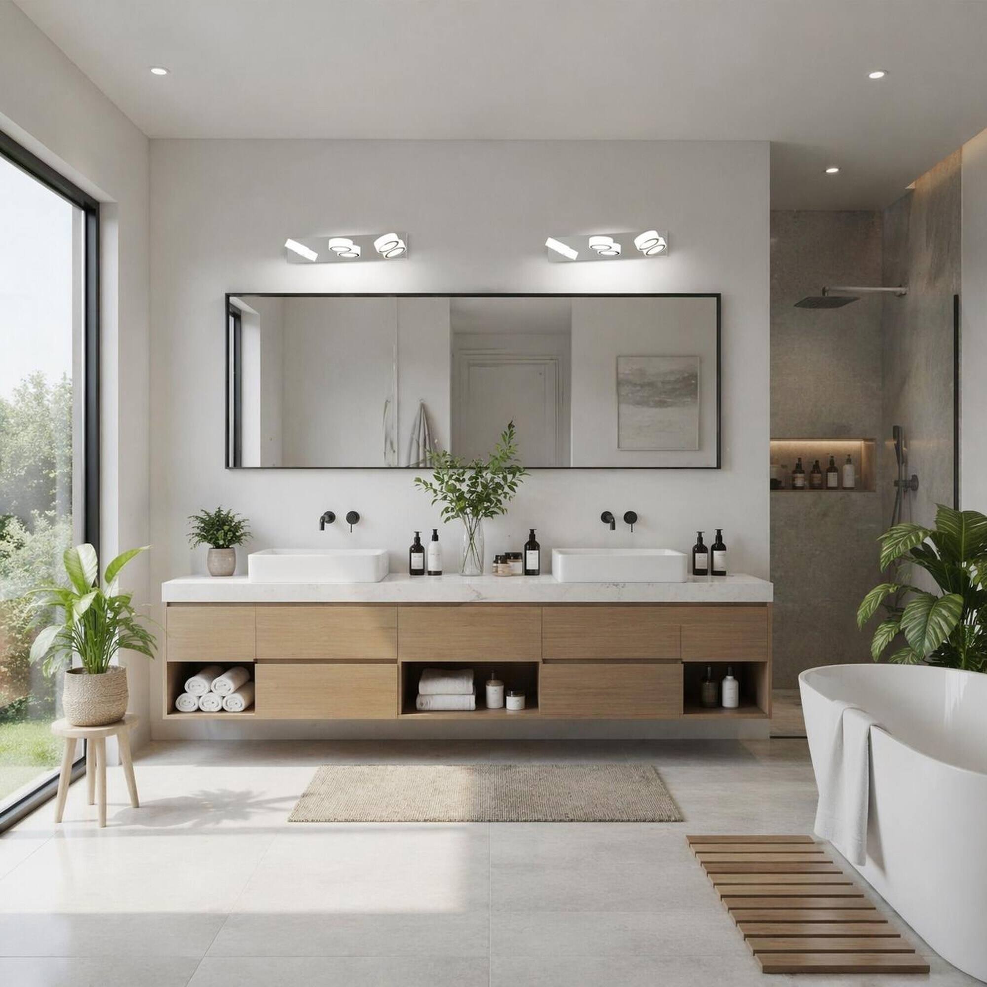 Left. RYHNUYNE - 3‑Light Vanity Light,21" Rotating Oval Acrylic LED Bathroom Wall Light,Wall Mount Over Mirror Lighting Fixture for Bath - Chrome.