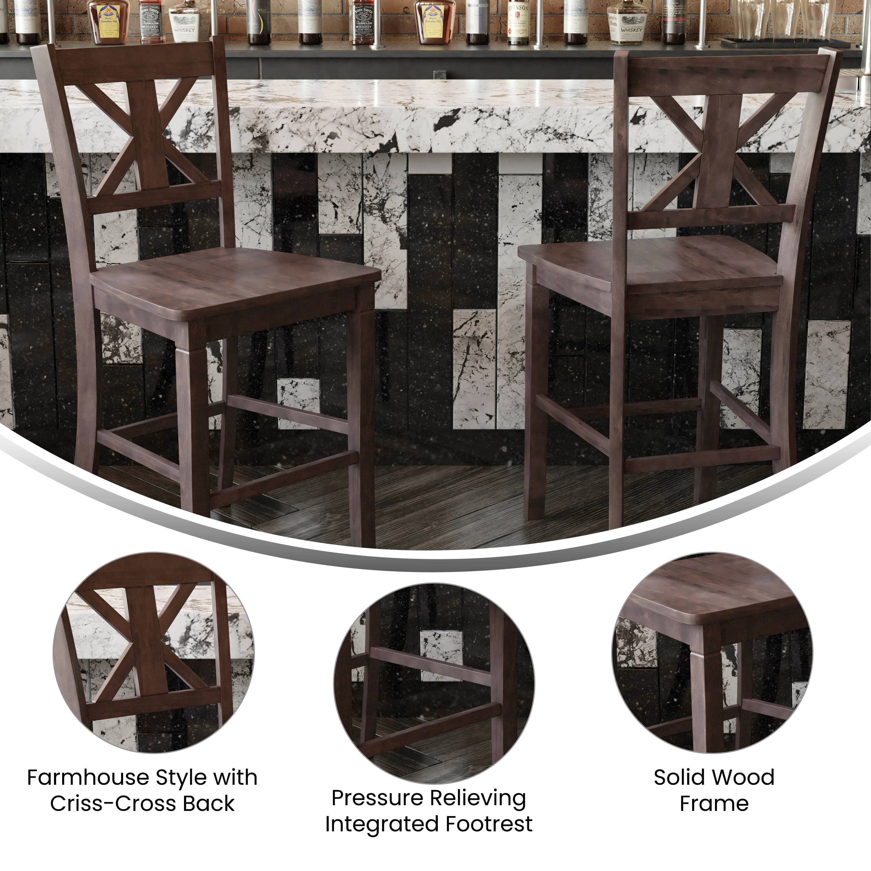 Farmhouse Style with Criss-Cross Back  
Pressure Relieving Integrated Footrest  
Solid Wood Frame