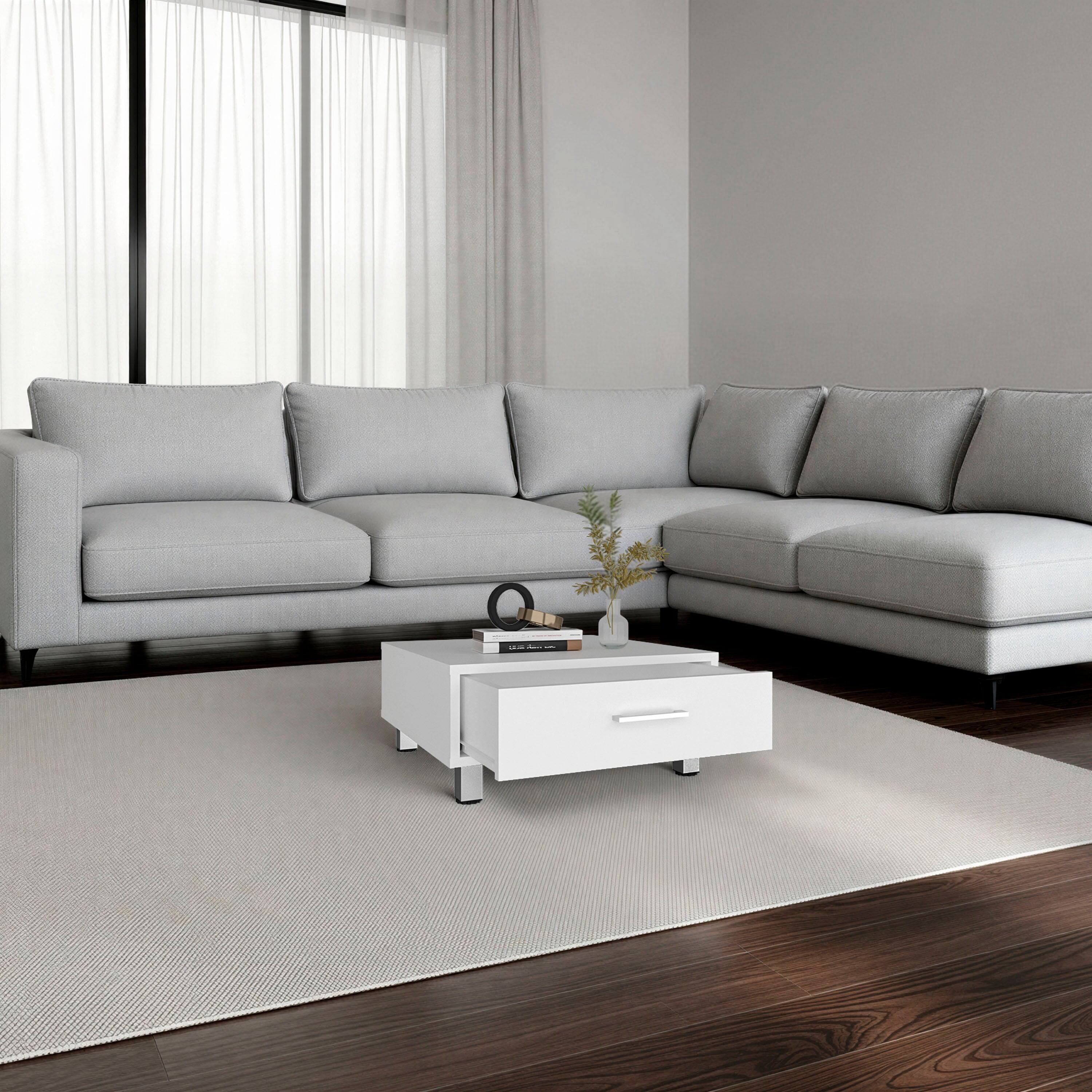 Angle. TuHome - Tuhome Modern Square Coffee Table with Storage Drawer, 23.6" Engineered Wood Center Table with Metal - White.