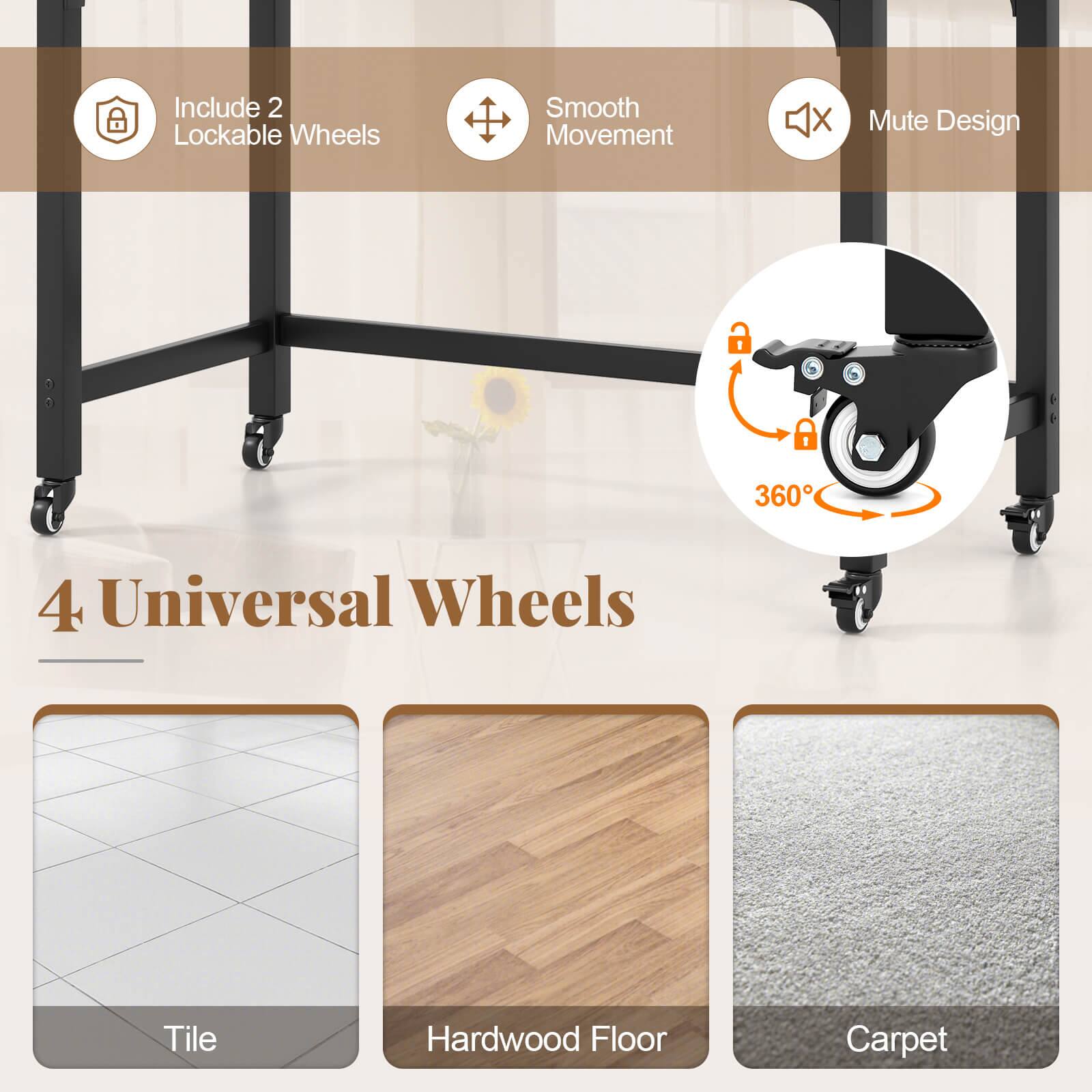 Include 2 Lockable Wheels, Smooth Movement, Mute Design, 360° 4 Universal Wheels, Tile, Hardwood Floor, Carpet