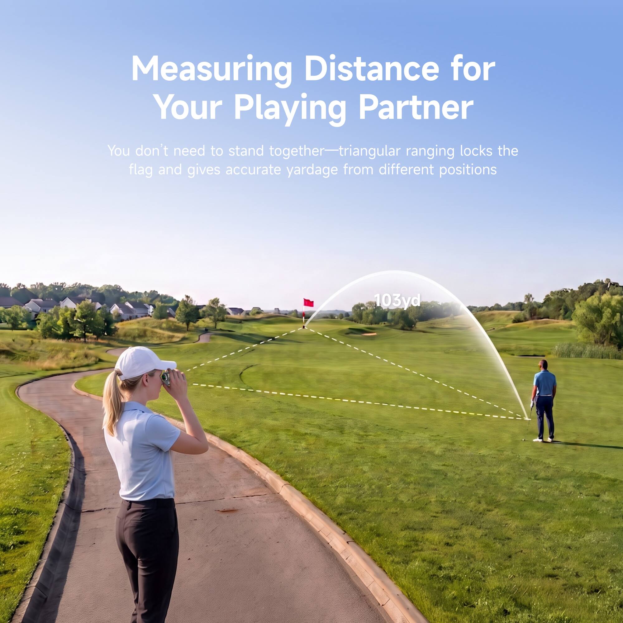Measuring Distance for Your Playing Partner

You don't need to stand together—triangular ranging locks the flag and gives accurate yardage from different positions

103yd