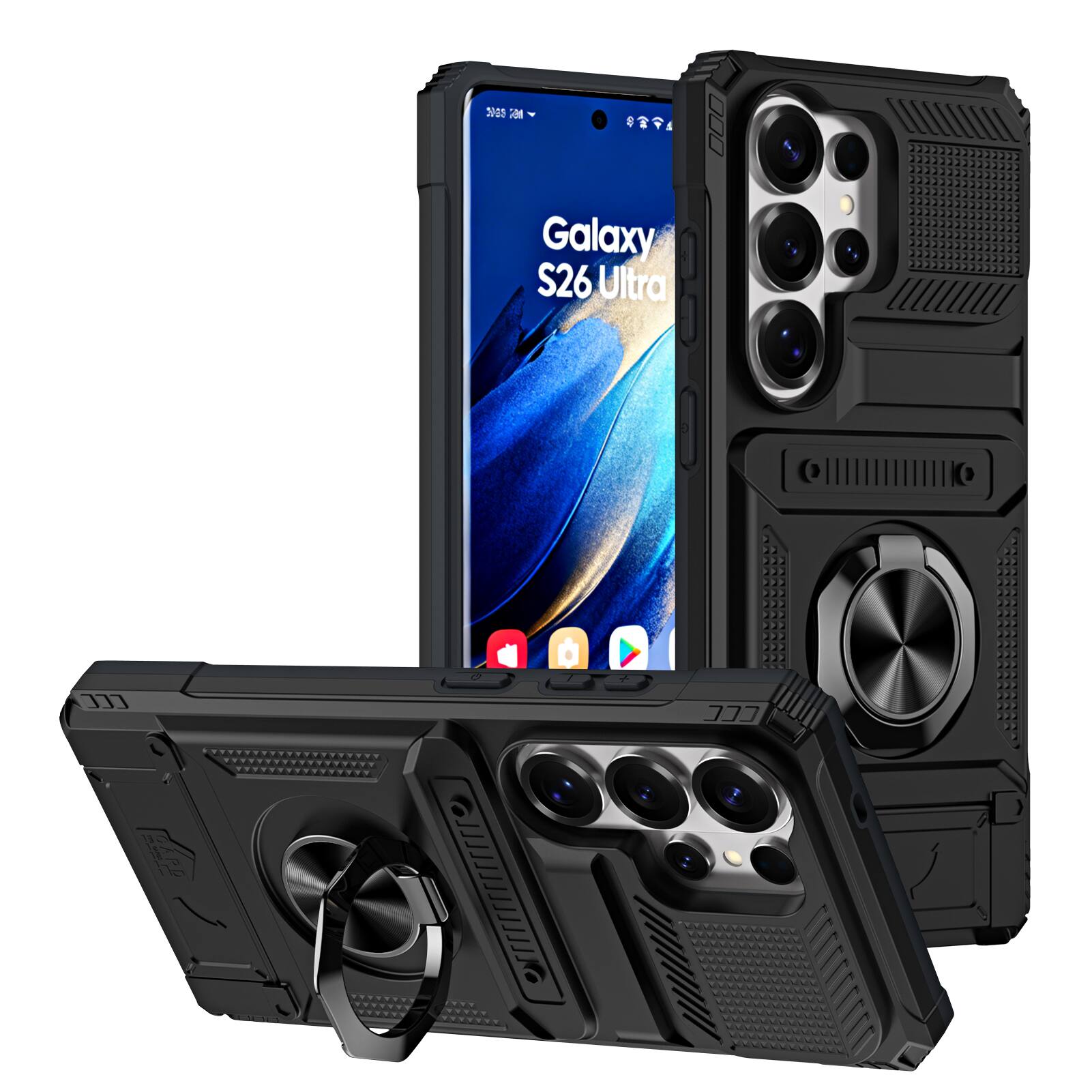 Dteck - Rugged Case For Samsung Galaxy S26 Ultra Ring Holder Kickstand Magnetic Car Mount Hidden Card Slot Shockproof Cover - Black