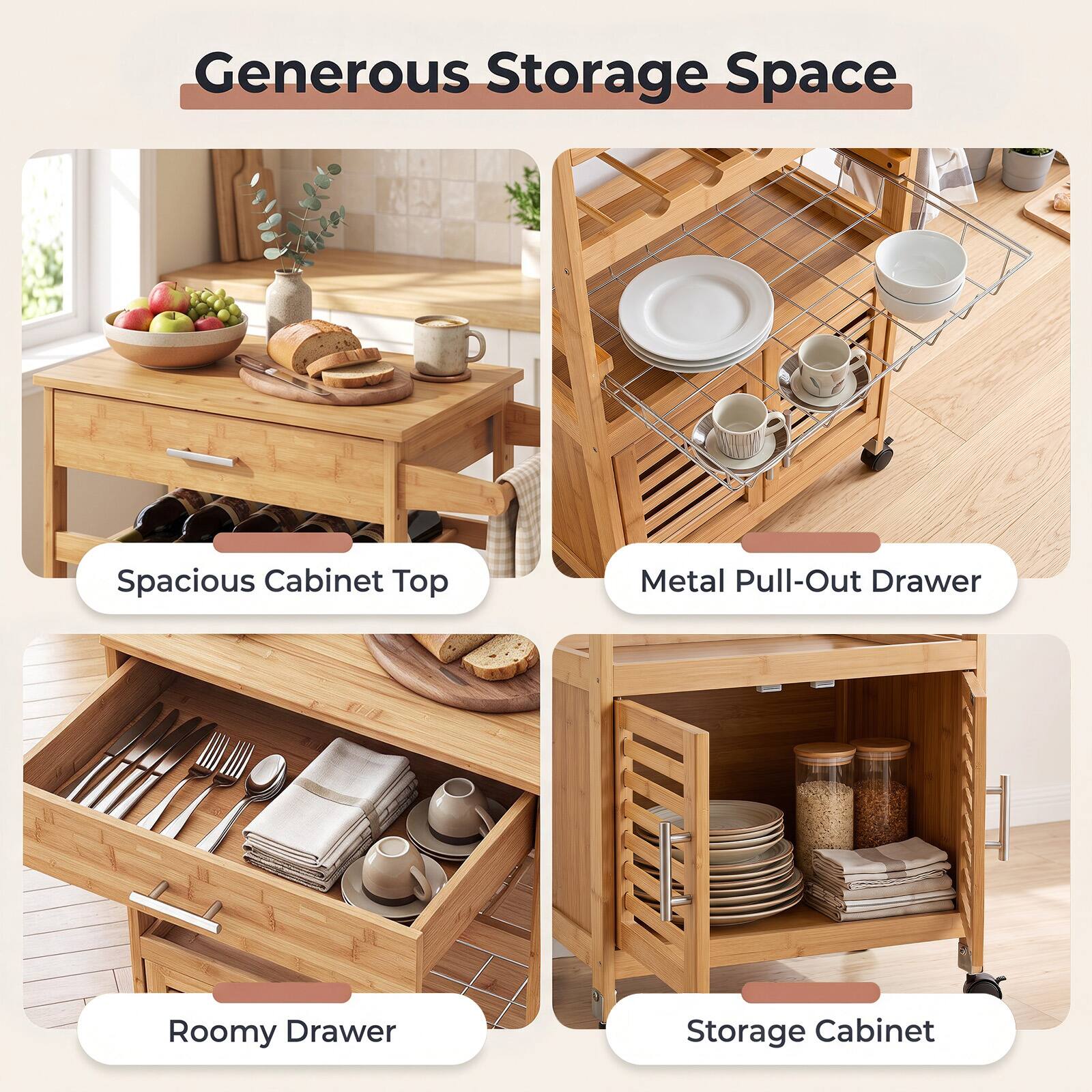 Generous Storage Space

- Spacious Cabinet Top
- Metal Pull-Out Drawer
- Roomy Drawer
- Storage Cabinet
