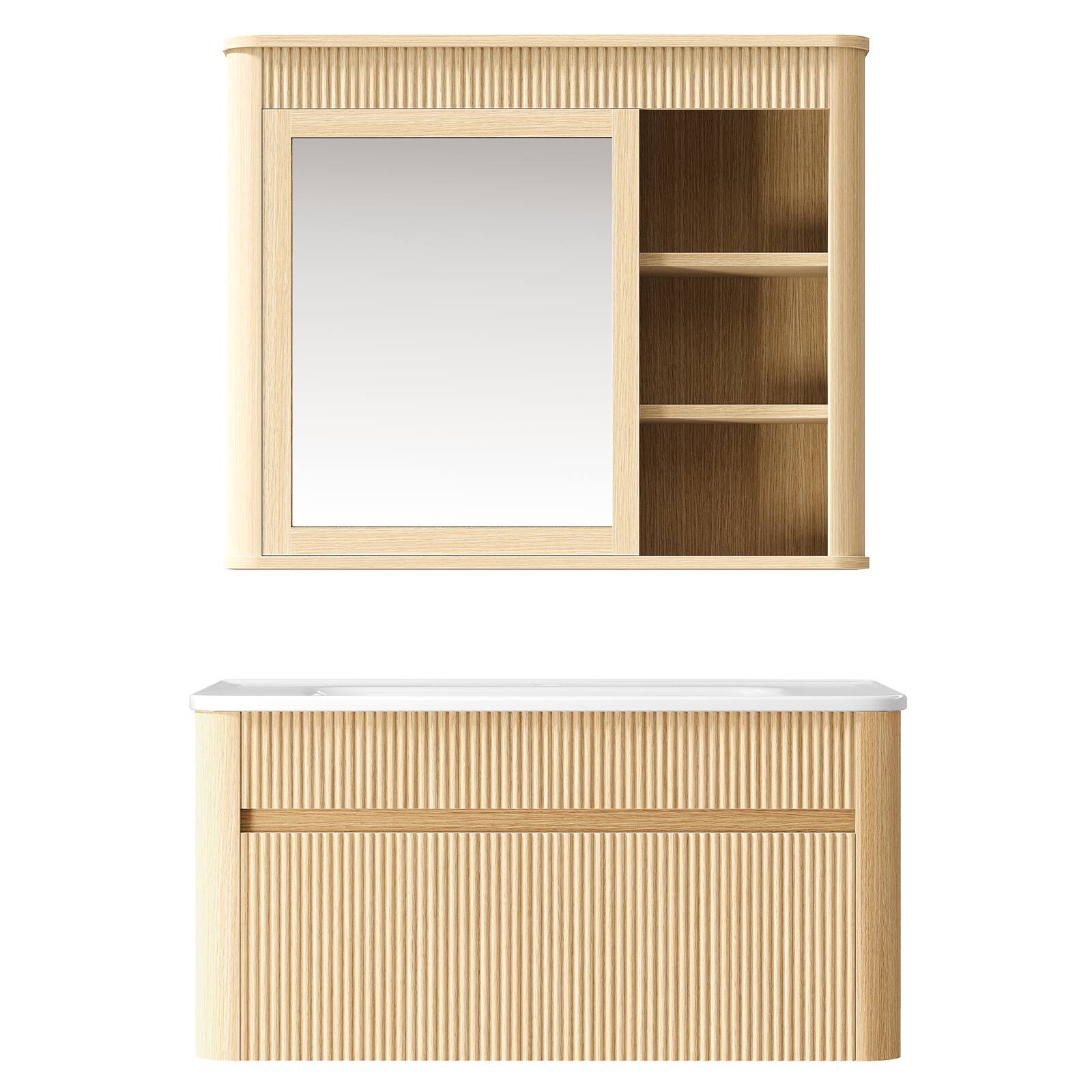 Alt View 6. ModernMate - 30" Single Wall-Mounted Bathroom Vanity Set with Mirror Cabinet, Soft-Close Doors, Solid Wood Legs - Natural Oak.