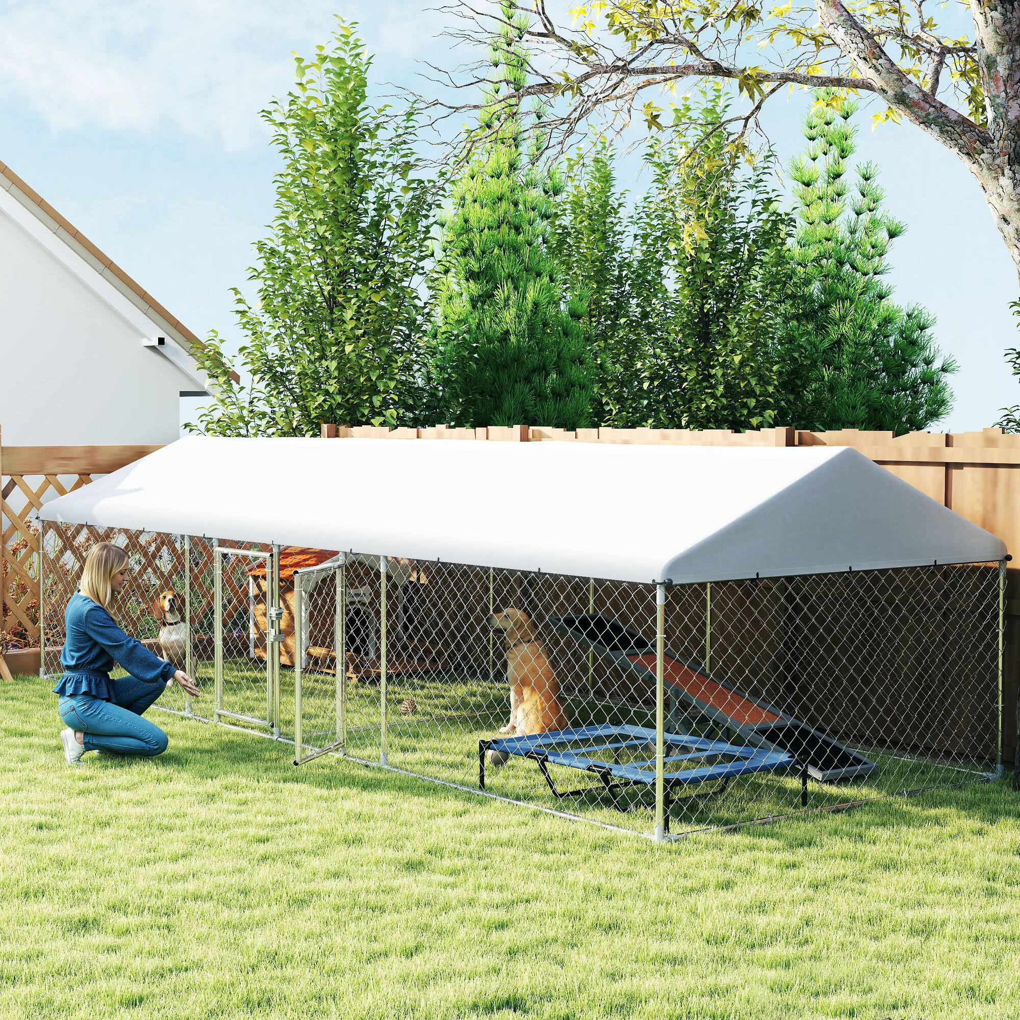 Angle. Pawhut - Outdoor Dog Kennel, 19.7'x7.5'x5.2', Two Rooms, Waterproof Roof, Galvanized Chain Link, Secure Lock, Steel Fence.