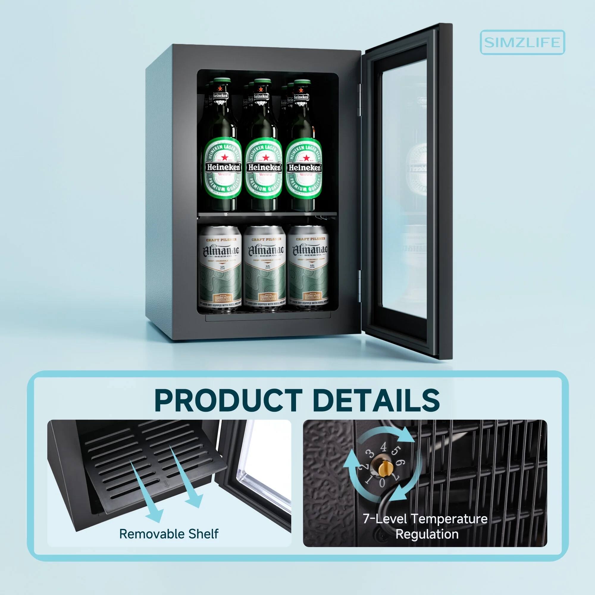 SIMZLIFE - Lokud antes DOINIEEN AATRD LA CUNIRER W T CLBIRES Heineker Heinekes Heineker FRIMIOM FRAID FEINIEM COLRER FEIATEM AHEEA o   | .. ... .  Alman 1E Almanc Almana A - A i PRODUCT DETAILS 4 5 3 9 7 0 Removable Shelf 7-Level Temperature Regulation