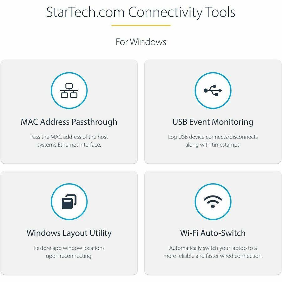 StarTech.com Connectivity Tools  
For Windows  
MAC Address Passthrough  
Pass the MAC address of the host system's Ethernet interface.  
USB Event Monitoring  
Log USB device connects/disconnects along with timestamps.  
Windows Layout Utility  
Restore app window locations upon reconnecting.  
Wi-Fi Auto-Switch  
Automatically switch your laptop to a more reliable and faster wired connection.