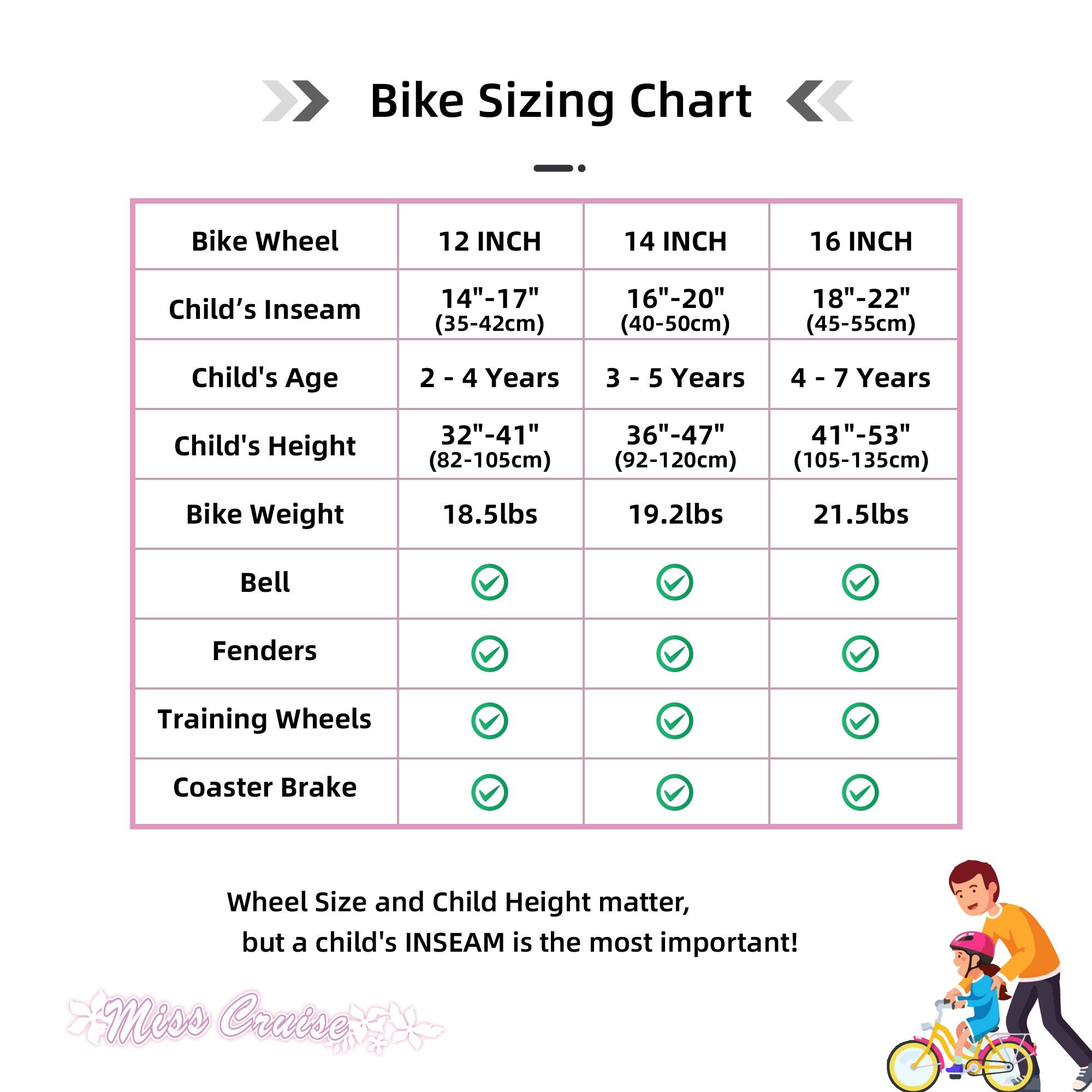 Bike Sizing Chart

| Bike Wheel | 12 INCH | 14 INCH | 16 INCH |
|------------|---------|---------|---------|
| Child's Inseam | 14"-17" (35-42cm) | 16"-20" (40-50cm) | 18"-22" (45-55cm) |
| Child's Age | 2 - 4 Years | 3 - 5 Years | 4 - 7 Years |
| Child's Height | 32"-41" (82-105cm) | 36"-47" (92-120cm) | 41"-53" (105-135cm) |
| Bike Weight | 18.5lbs | 19.2lbs | 21.5lbs |
| Bell | ✔️ | ✔️ | ✔️ |
| Fenders | ✔️ | ✔️ | ✔️ |
| Training Wheels | ✔️ | ✔️ | ✔️ |
| Coaster Brake | ✔️ | ✔️ | ✔️ |

Wheel Size and Child