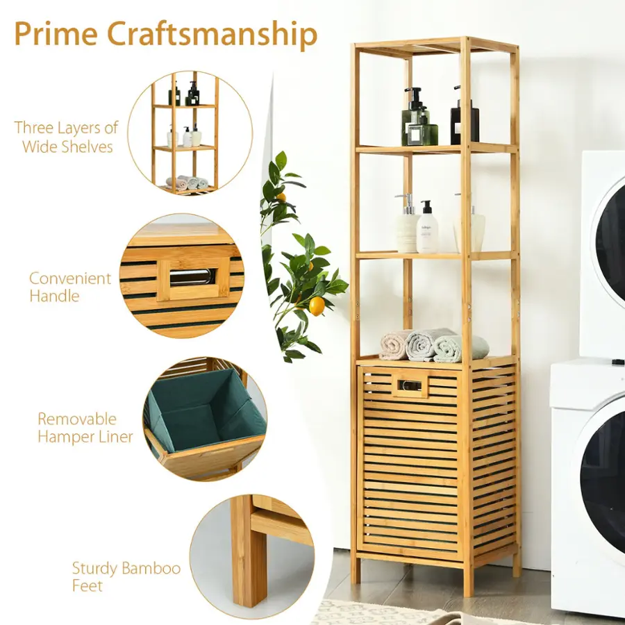 The image features a wooden shelving unit with three layers of wide shelves. It has a convenient handle and a removable hamper liner for easy cleaning. The shelves are made of sturdy bamboo, providing a stable and durable structure. The shelves are also designed to hold a variety of items, including bottles, towels, and other household essentials.