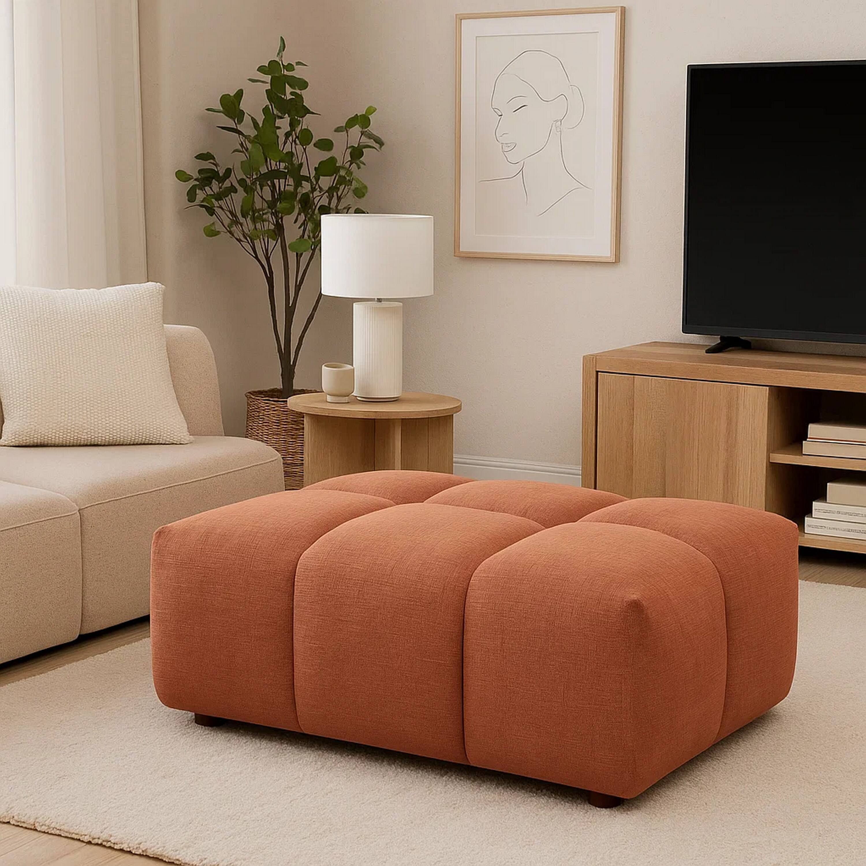 Alt View 5. Manhattan Lane - Leya Modular Ottoman, Tufted Coral Red Linen, 43 Inch Rectangular Seat - Coral Red.