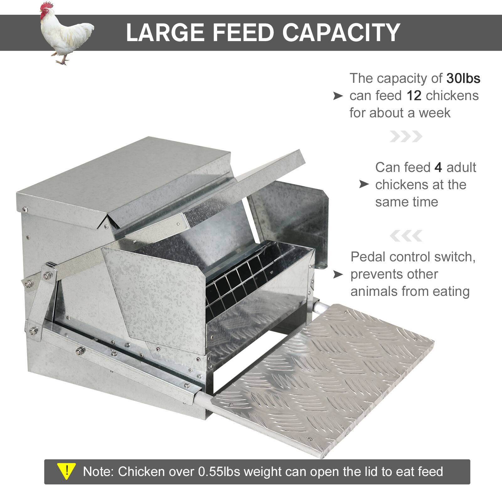 LARGE FEED CAPACITY

The capacity of 30lbs can feed 12 chickens for about a week

Can feed 4 adult chickens at the same time

Pedal control switch, prevents other animals from eating

Note: Chicken over 0.55lbs weight can open the lid to eat feed