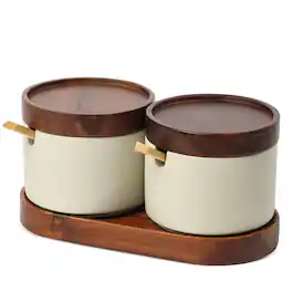 Garnen - Wooden Tray Spice Jars Set, Ceramic Spice Containers, Condiment Container with Lid, Ceramic Spice Jars with Spoon, Beige - White