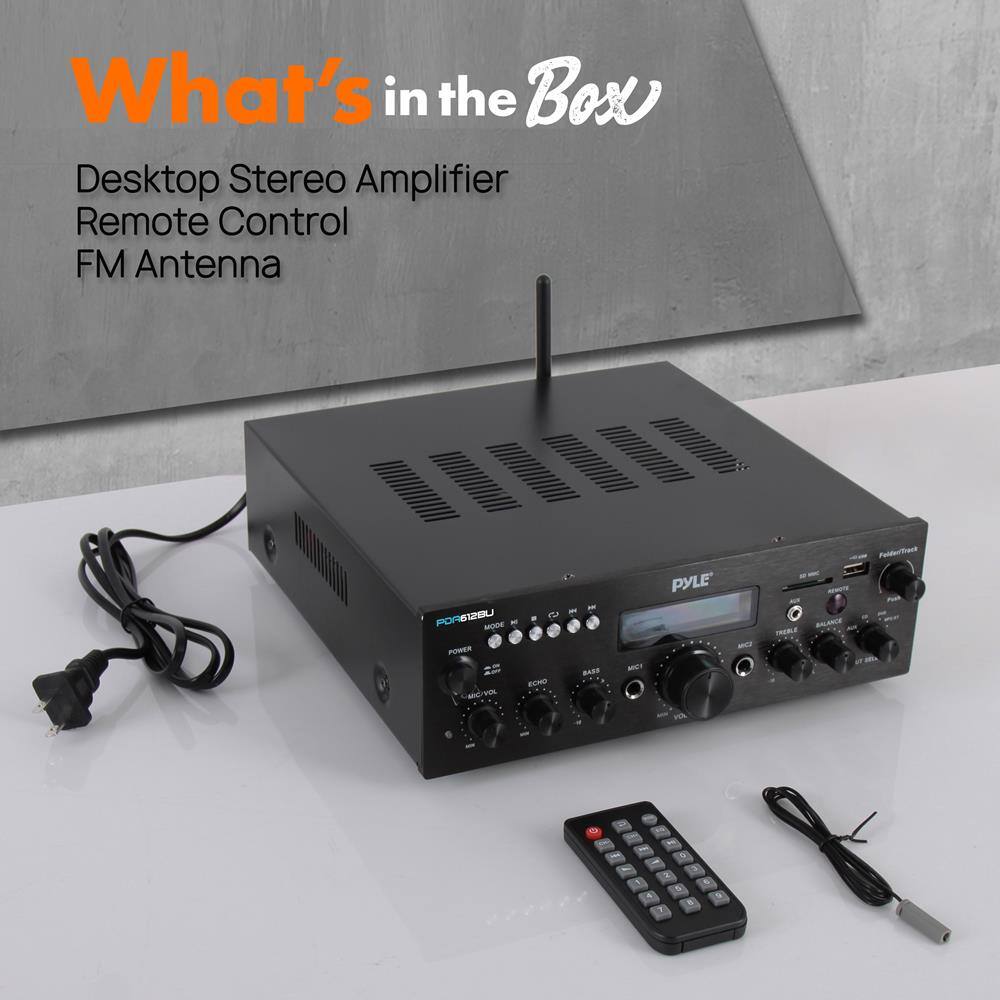 What's in the Box

Desktop Stereo Amplifier  
Remote Control  
FM Antenna