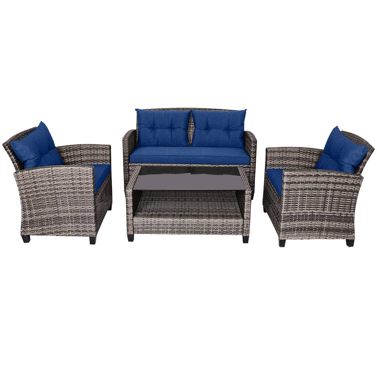 Alt View 8. Gymax - Gymax 8 PCS Patio Rattan Furniture Set Coffee Table Cushioned Sofa Garden Lawn Navy - Navy.