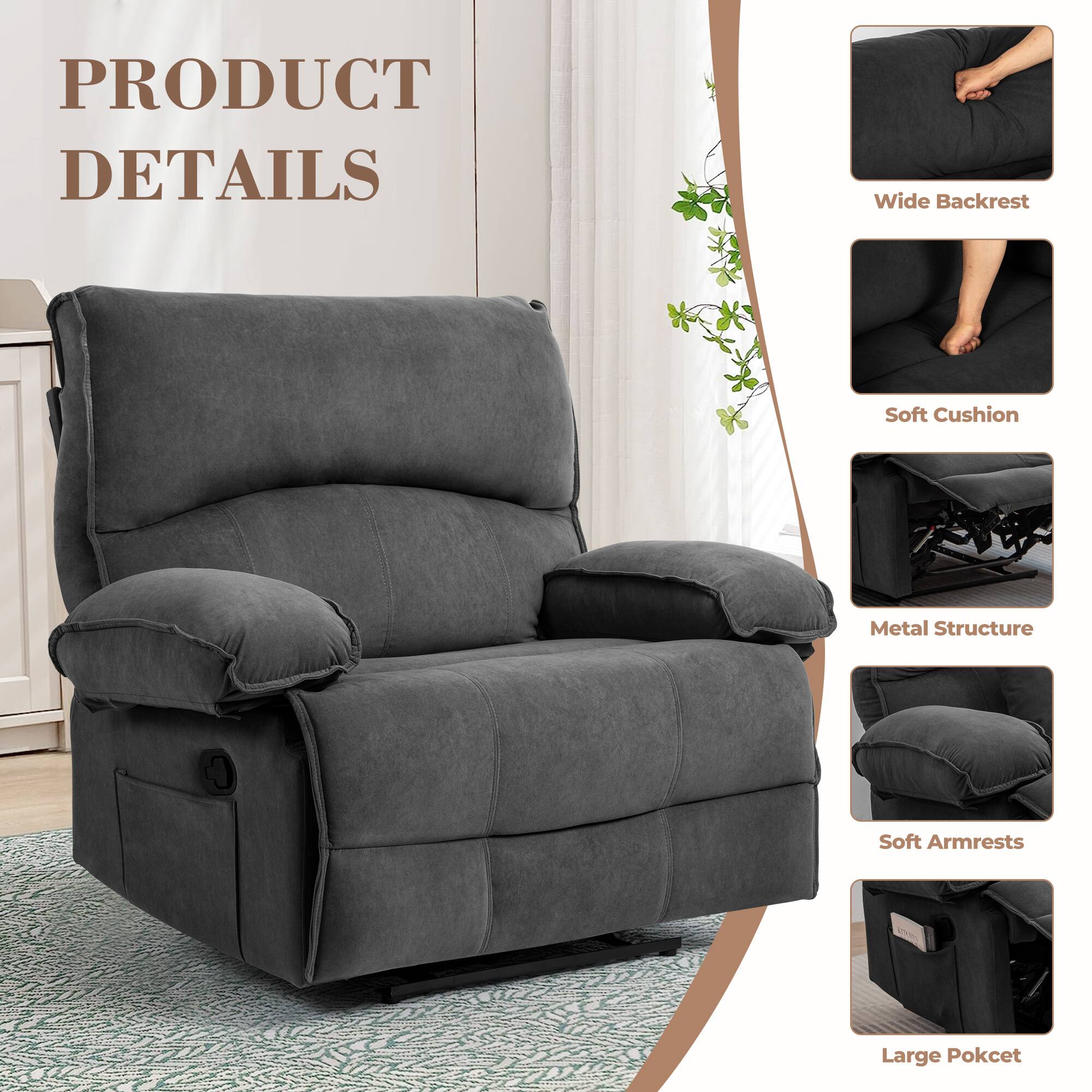 PRODUCT DETAILS

- Wide Backrest
- Soft Cushion
- Metal Structure
- Soft Armrests
- Large Pocket