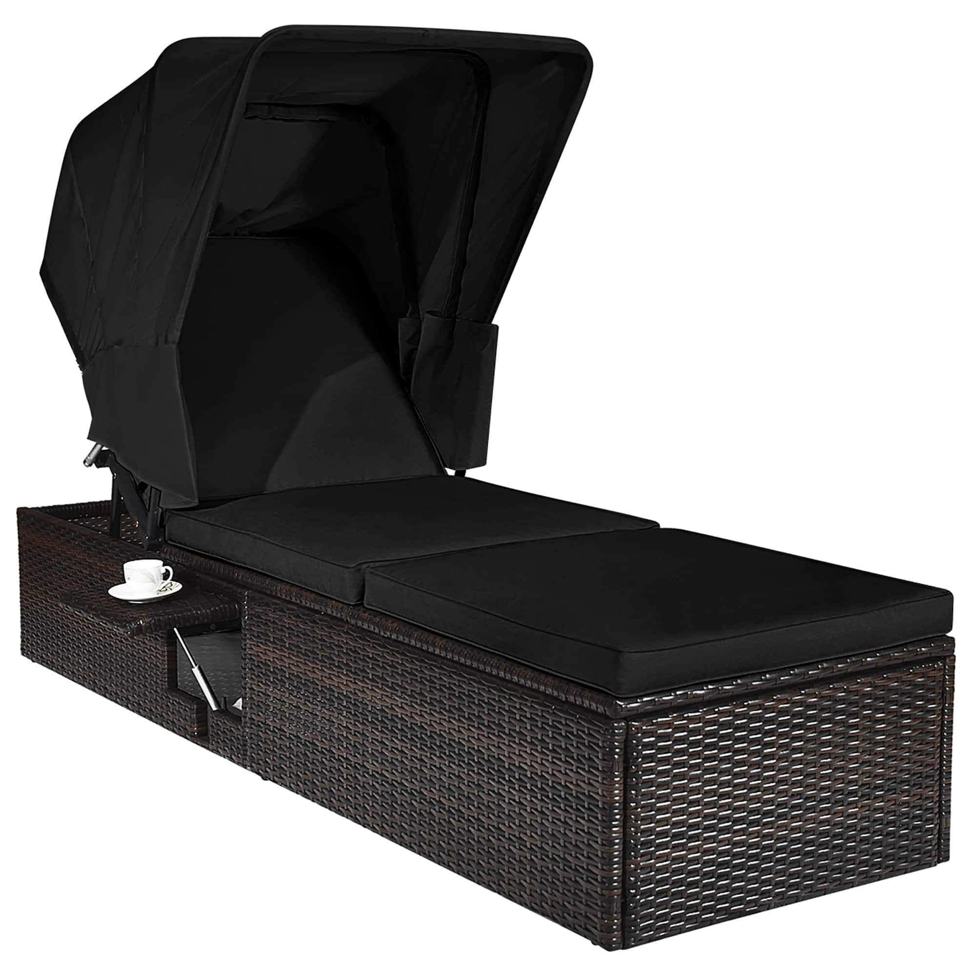 Costway - Patio Rattan Lounge Chair Chaise Cushioned Top Canopy Adjustable Tea Table - Black price history on PriceWatchPro