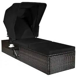 Costway - Patio Rattan Lounge Chair Chaise Cushioned Top Canopy Adjustable Tea Table - Black