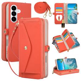 Dteck - Leather Wallet Phone Case for Samsung Galaxy S26 with Crossbody Strap, Shockproof Zipper Pocket Mirror Stand Cover - Orange