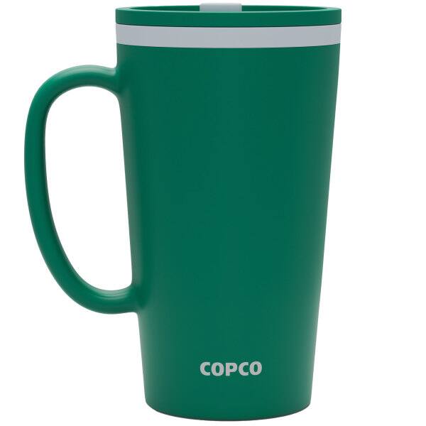 Angle. Copco - Copco Double Wall Desk Mug Set of 2, 16 oz, Twist Lid & Handle - Light Purple.