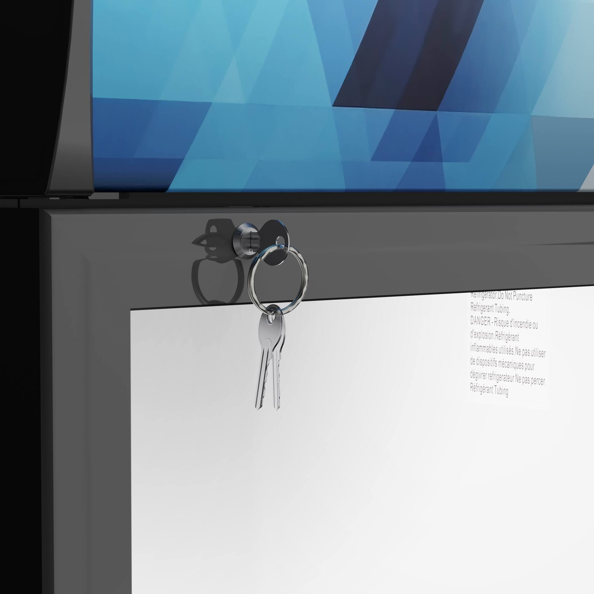 The text on the image reads: "1E earDo F E DT Not Punclure Refrigerant Tubing DANGER Reque : incende Ou : Bg oson Re Refrigerant imfanmable 8s  ses le p8s utiser de spositig mcaniques pour degivner refrigerateur le 2 penser Refrigerant Tubing."

Corrected text: "1E earDo F E DT Not Punclure Refrigerant Tubing DANGER Reque : incende Ou : Bg oson Re Refrigerant imfanmable 8s  ses le p8s utiser de spositig mcaniques pour degivner refrigerateur le 2 penser Refrigerant Tubing."