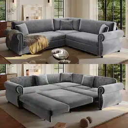 Anysun - 88.2" Convertible Chenille Upholstered L-Shaped Sofa Couch with Nailhead Trim & Rolled Arms for Living Room, Office - Light Gray