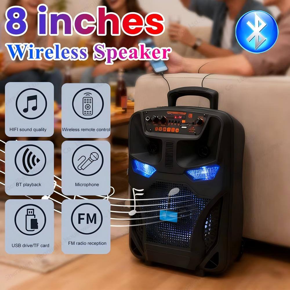 8 inches Wireless Speaker

- HIFI sound quality
- Wireless remote control
- BT playback
- Microphone
- USB drive/TF card
- FM radio reception