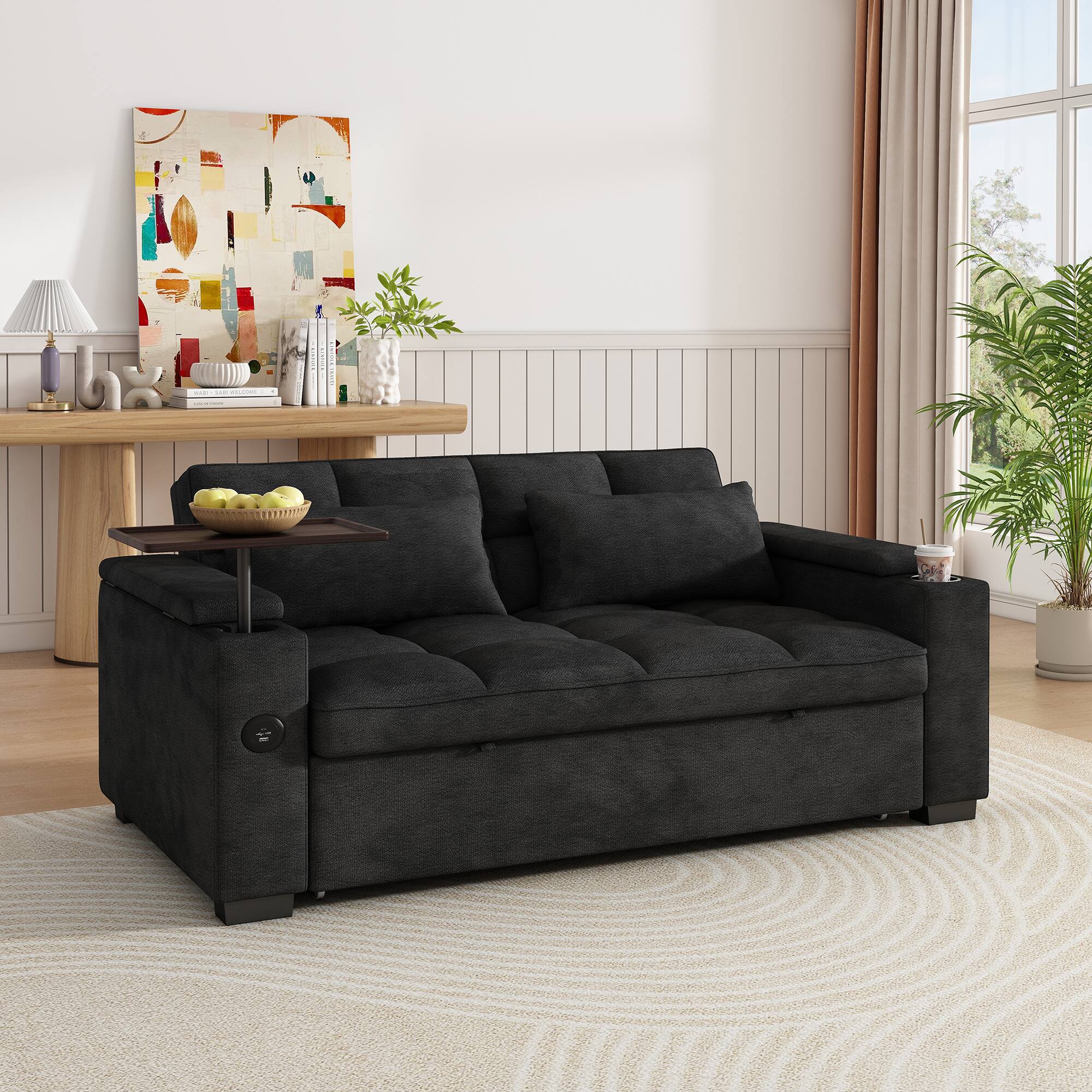 Left. Anysun - 65" 3-in-1 Chenille Convertible Sofa Bed - Pullout Design with 90° Swivel Table, Easy Assembly for Living Room - Black.