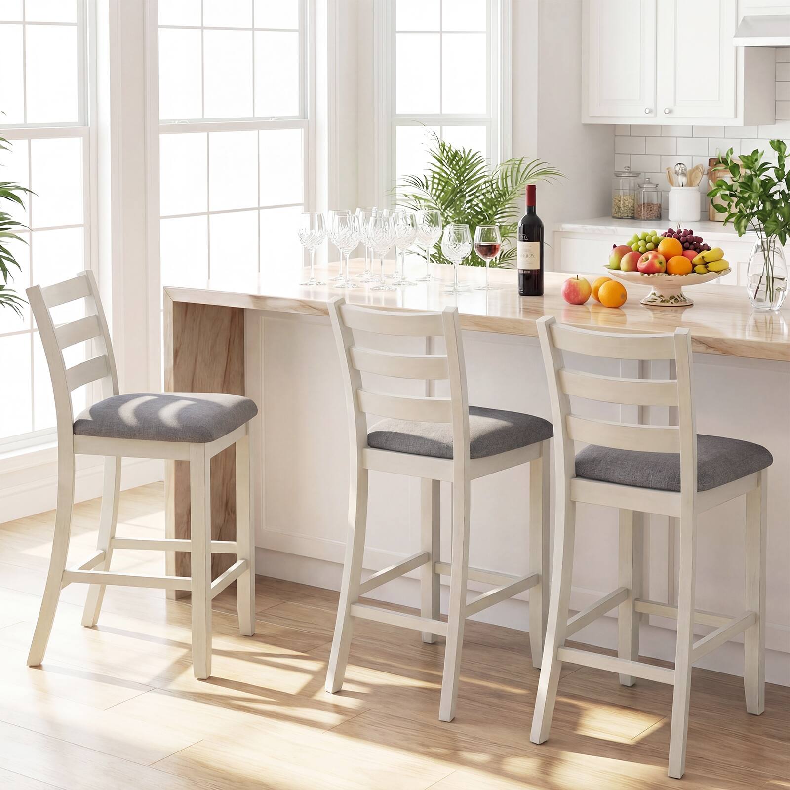 Alt View 3. Gymax - Gymax Bar Stools Set of 4 Upholstered Counter Height Barstools w/Padded Seat Footrest - Beige.