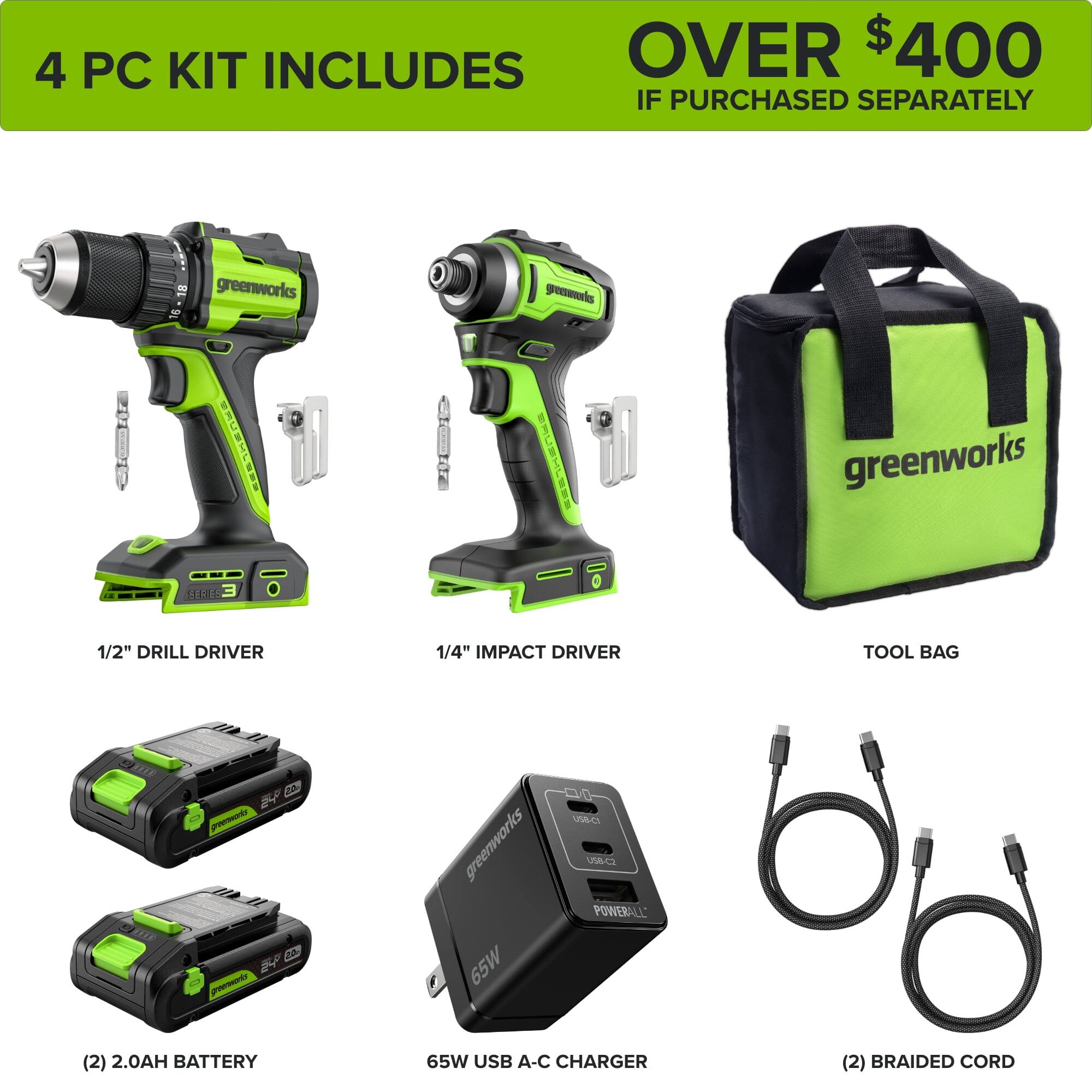 4 PC KIT INCLUDES

OVER $400 IF PURCHASED SEPARATELY

1/2" DRILL DRIVER

1/4" IMPACT DRIVER

TOOL BAG

(2) 2.0AH BATTERY

65W USB A-C CHARGER

(2) BRAIDED CORD