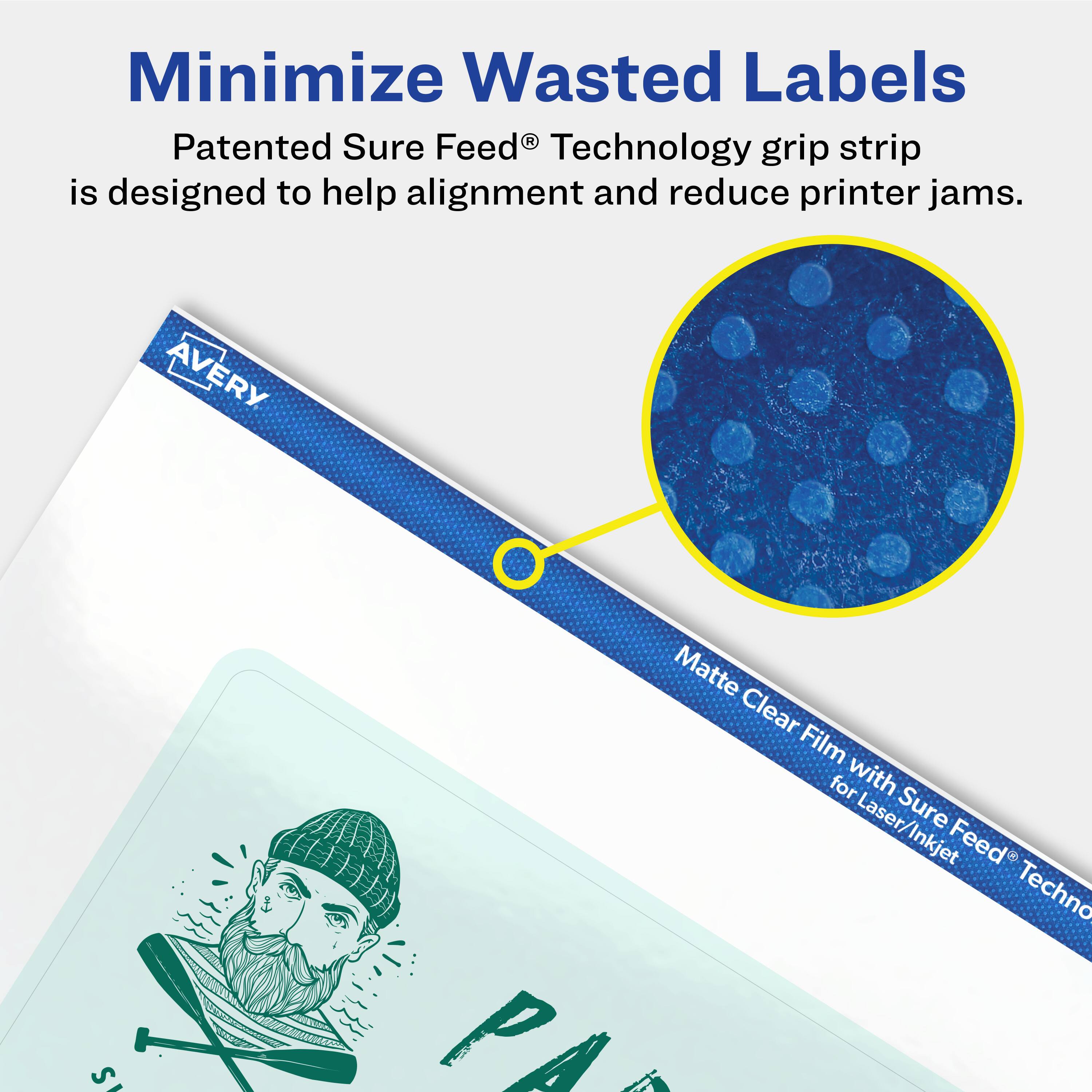 Minimize Wasted Labels

Patented Sure Feed® Technology grip strip is designed to help alignment and reduce printer jams.

Avery Matte Clear Film for Laser/Inkjet with Sure Feed® Technology