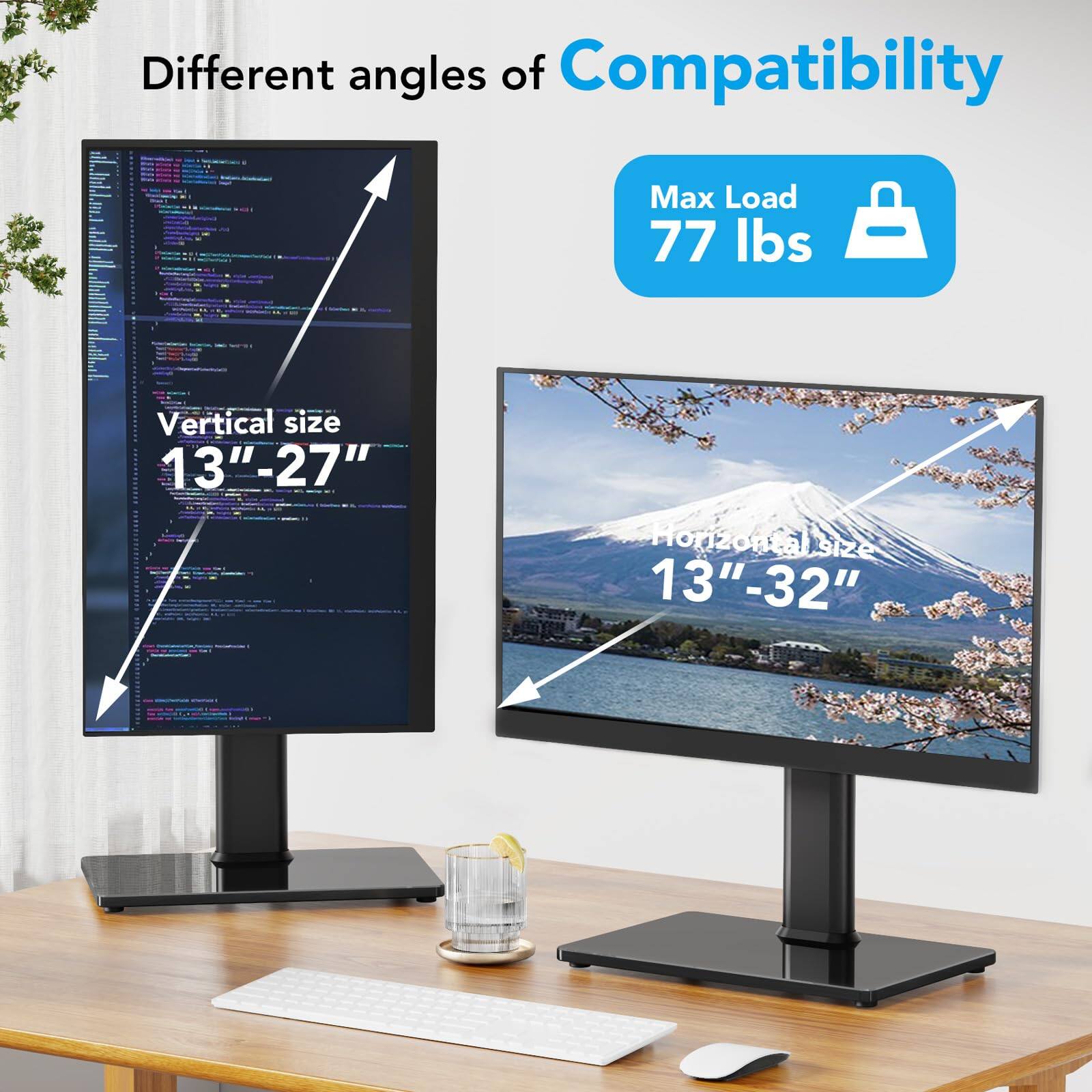 Different angles of Compatibility  
Max Load 77 lbs  
Vertical size 13"-27"  
Horizontal size 13"-32"