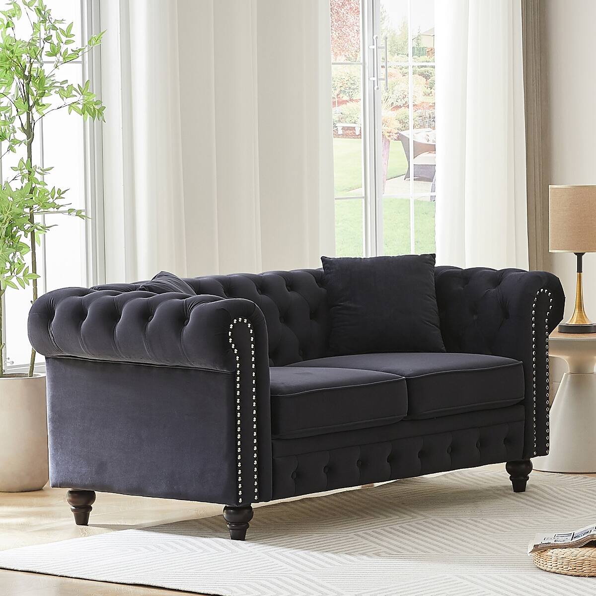 Alt View 1. Ropilly - Ropilly Black Velvet Chesterfield Sofa, Button Tufted 2 Seat Living Room Sofa with Pillows - Black.