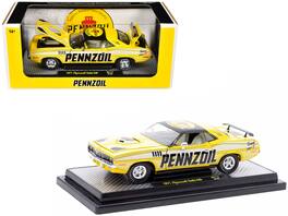 M2 - 1971 Plymouth Barracuda 440 Yellow Gray Stripes Black Top "Pennzoil" 1/24 Diecast Model Limited 6250 pcs Worldwide - Yellow With Gray And Black