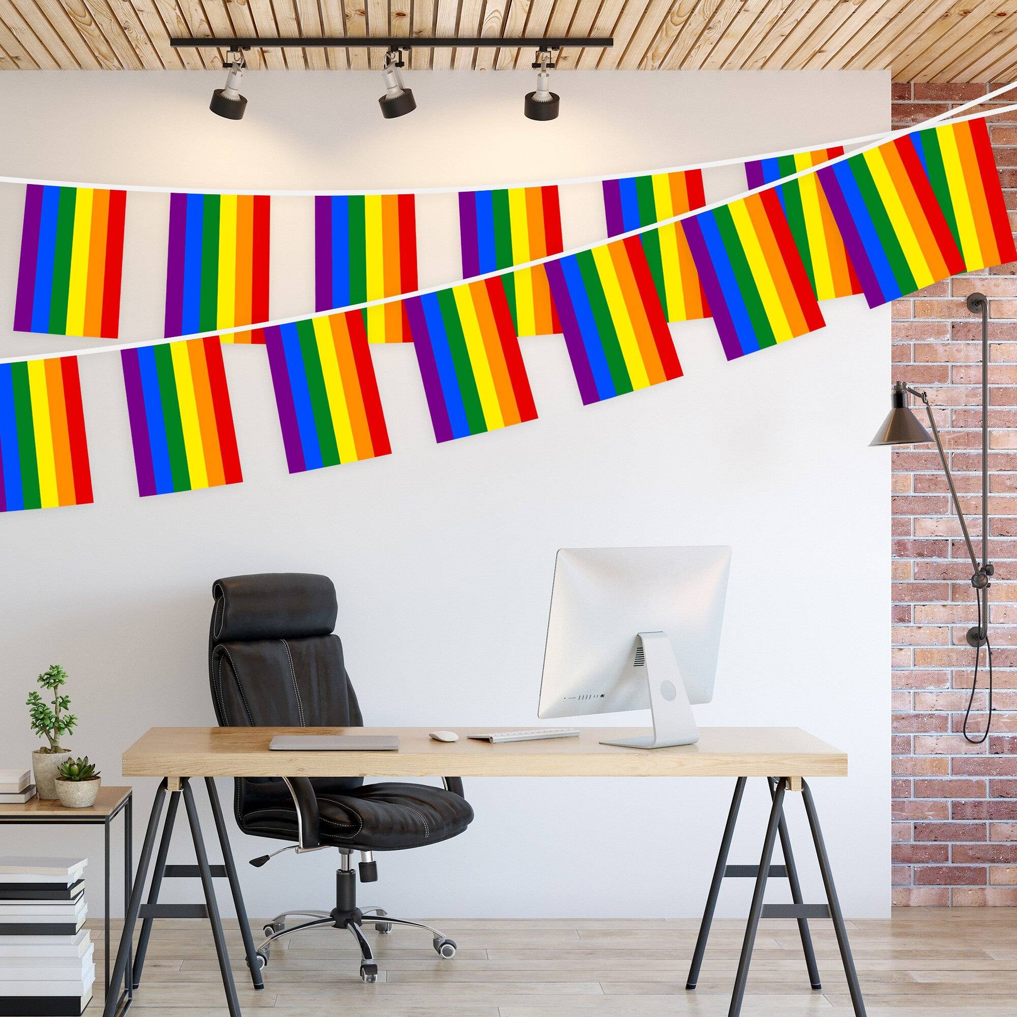 Left. G128 - LGBT Pride Bunting Banner, 33 ft String with 38 Mini Flags (8.2 x 5.5 in). - Rainbow.