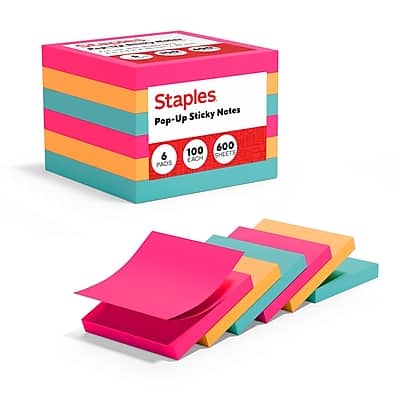 Staples - Pop-up Sticky Notes, 3" x 3", Tropics Collection, 100 Sheets/Pad, 6 Pads/Pack - Assorted Bright