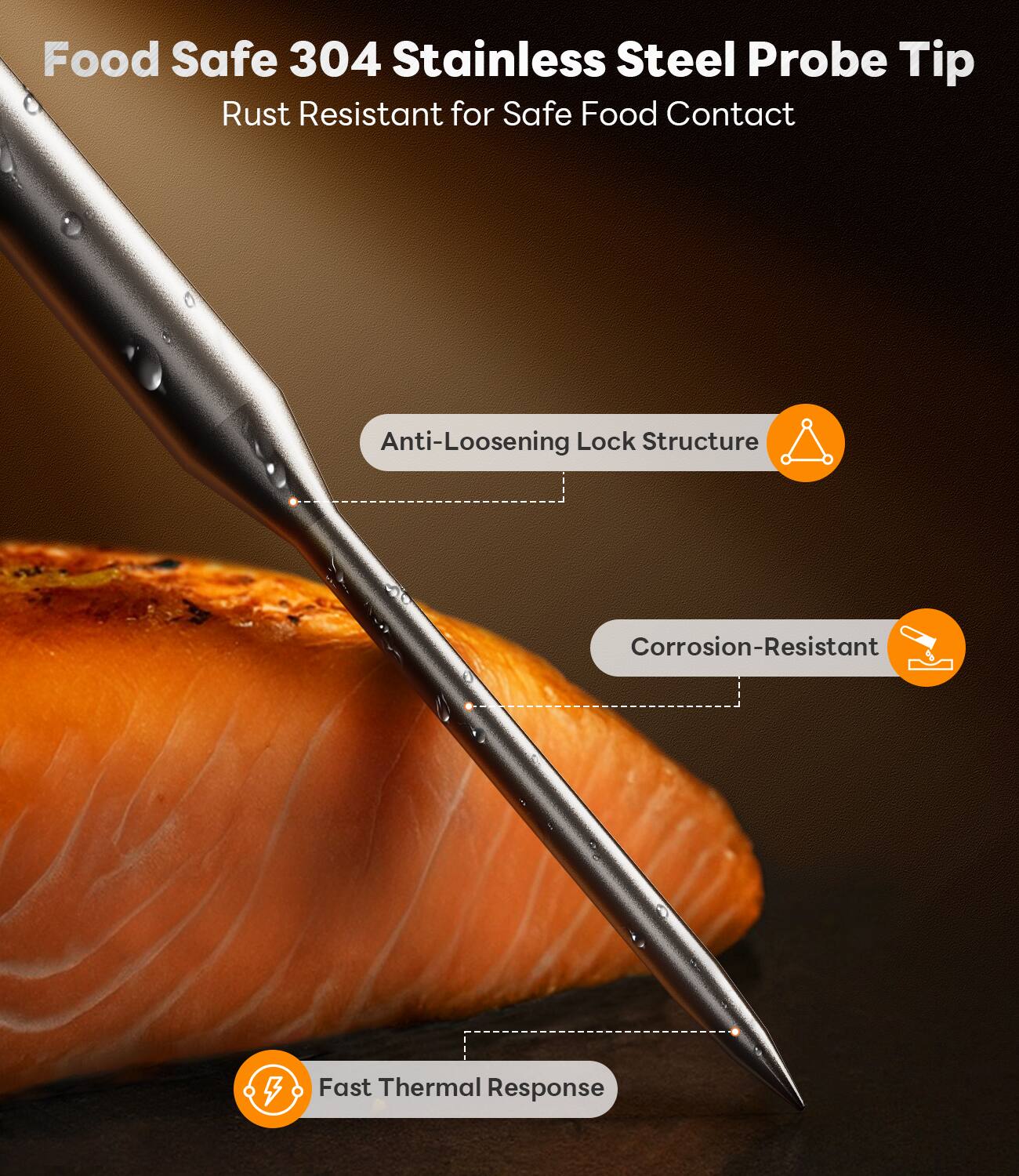 Food Safe 304 Stainless Steel Probe Tip  
Rust Resistant for Safe Food Contact  

- Anti-Loosening Lock Structure  
- Corrosion-Resistant  
- Fast Thermal Response